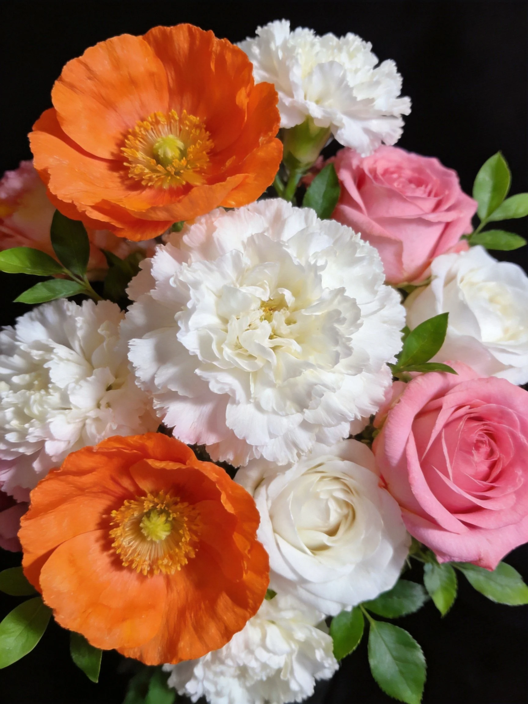 A vibrant bouquet featuring orange poppies, white carnations, and pink roses