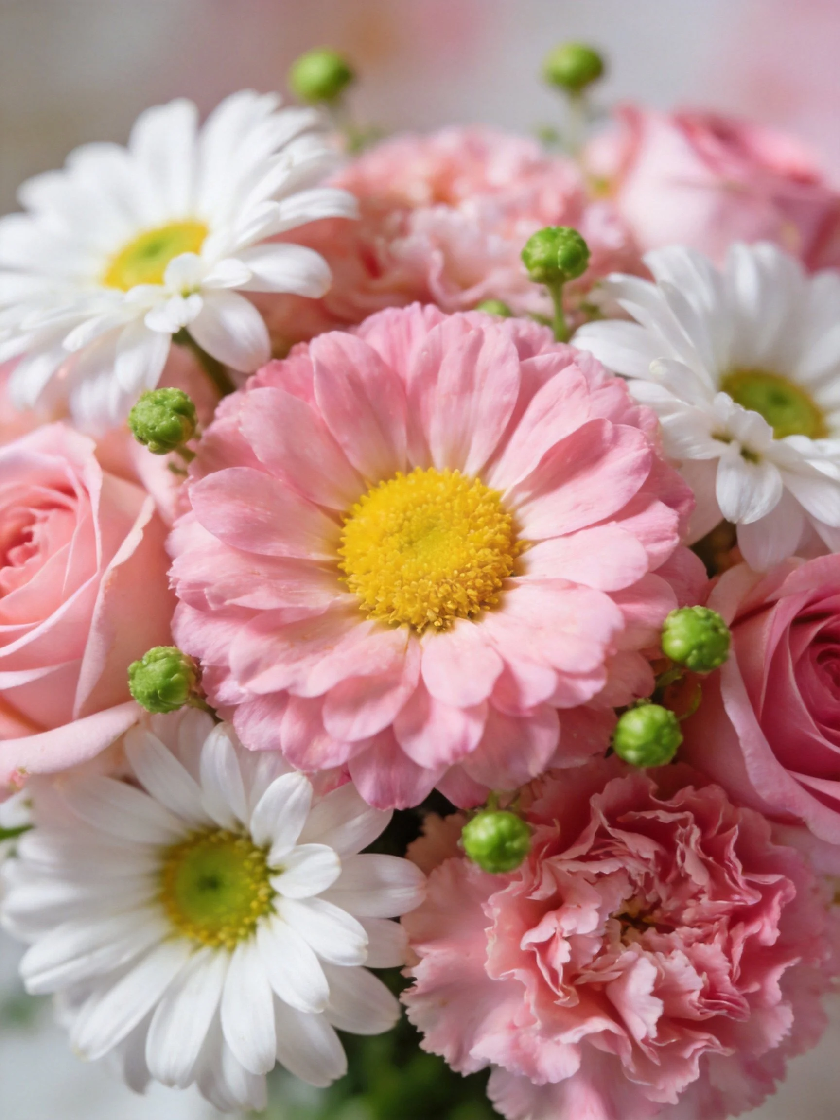 A vibrant bouquet featuring pink roses, white daisies, pink carnations, and green buds