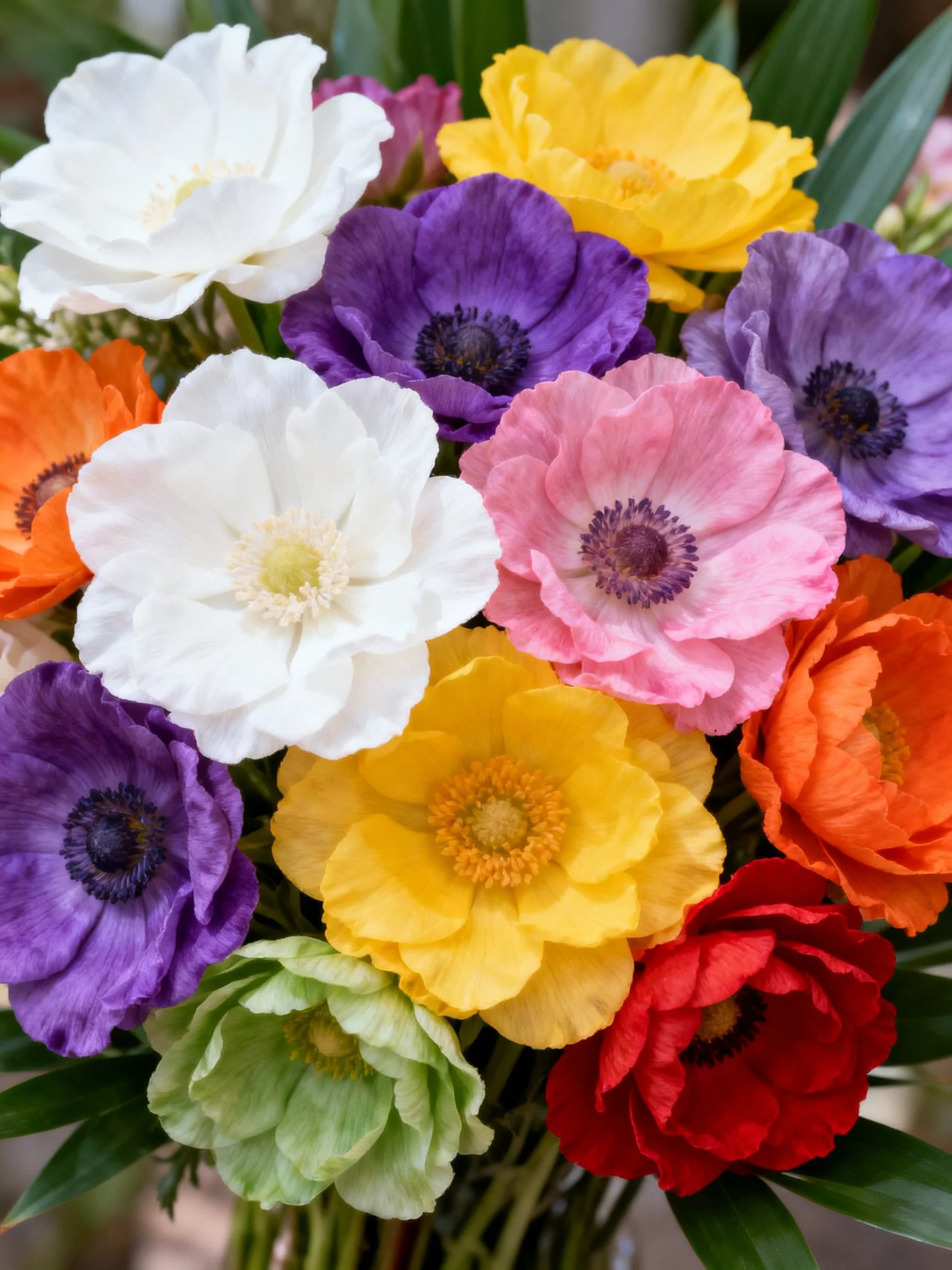 A vibrant bouquet featuring twelve colorful anemone flowers in multiple hues