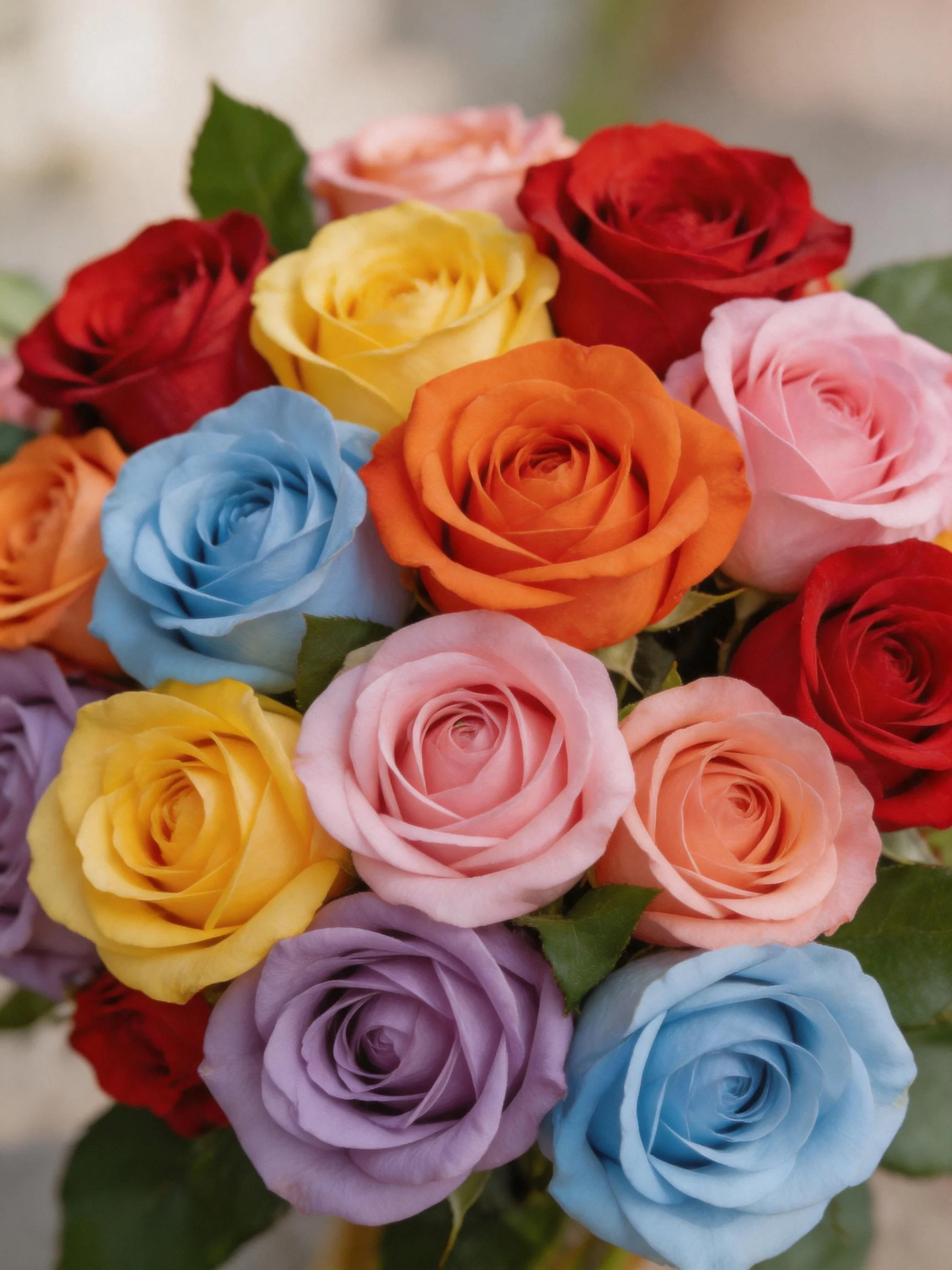 A vibrant bouquet of assorted colored roses in multiple hues