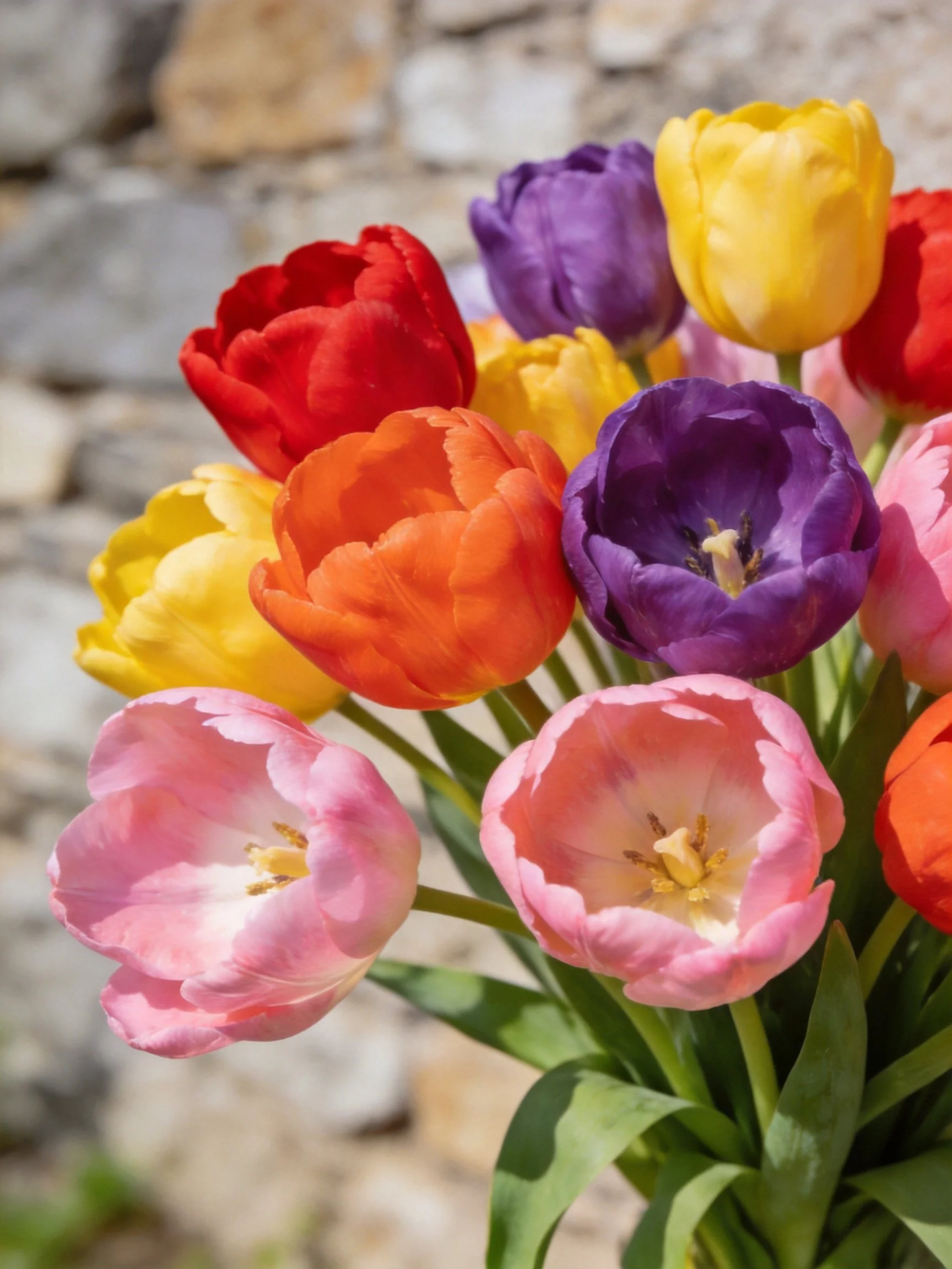 A vibrant bouquet of assorted tulips in red, yellow, purple, orange, and pink