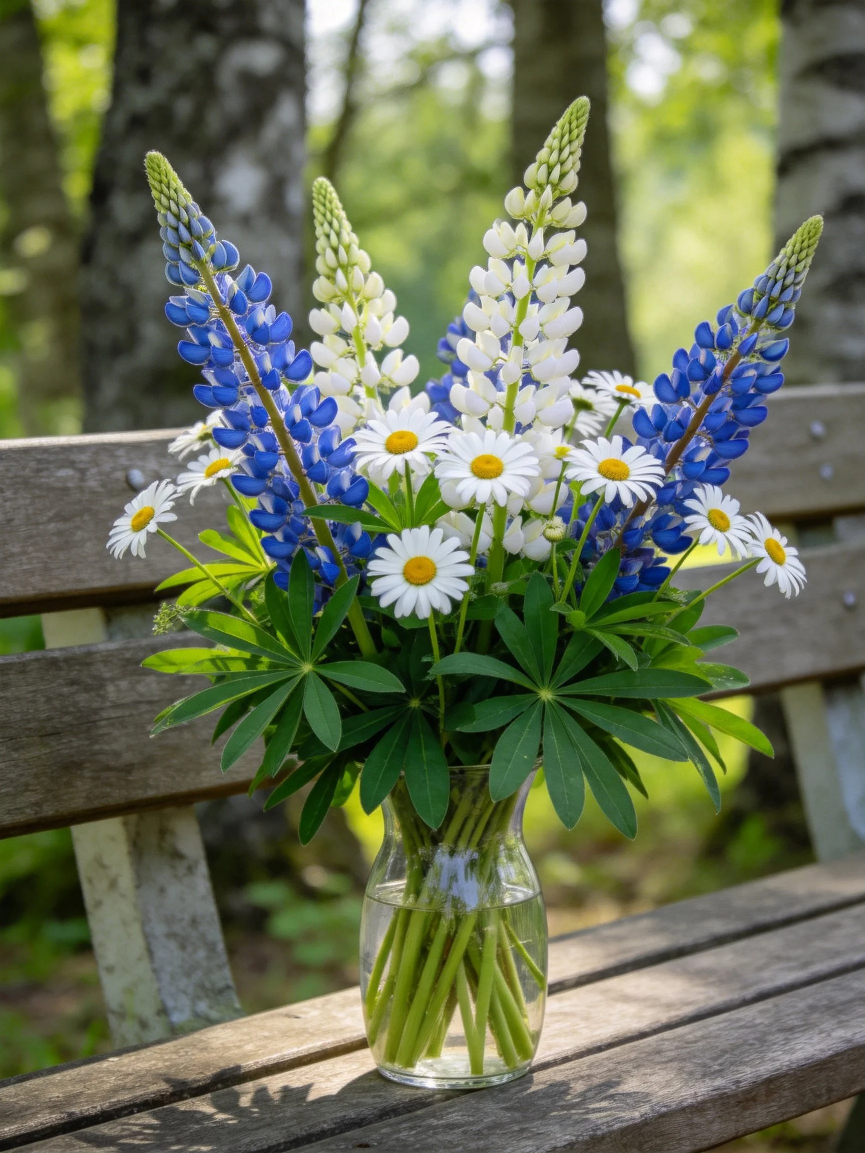 A vibrant bouquet of blue and white lupines and daisies in a glass vase on a wooden bench