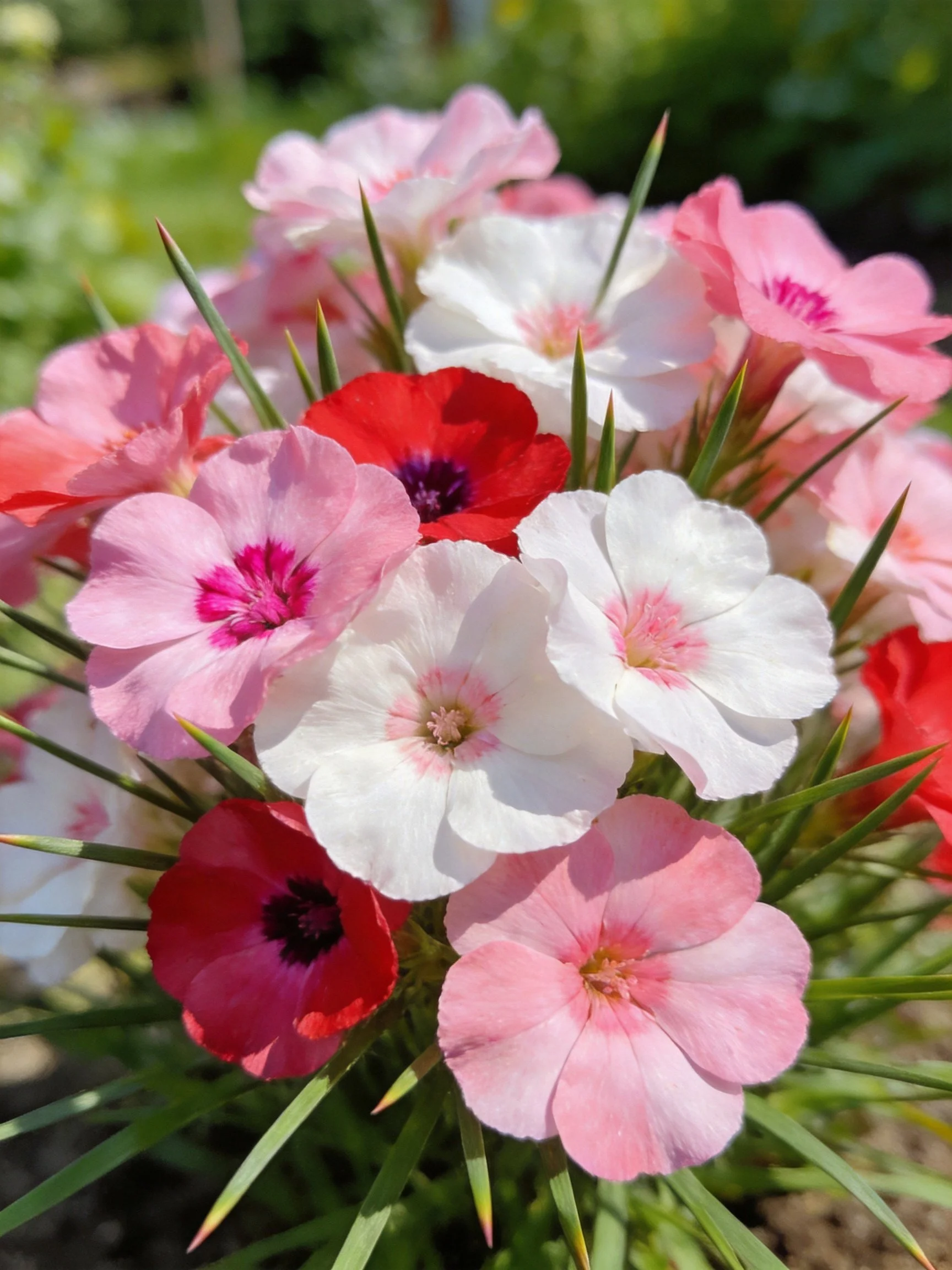 A vibrant bouquet of mixed pink, white, and red flowers with green foliage