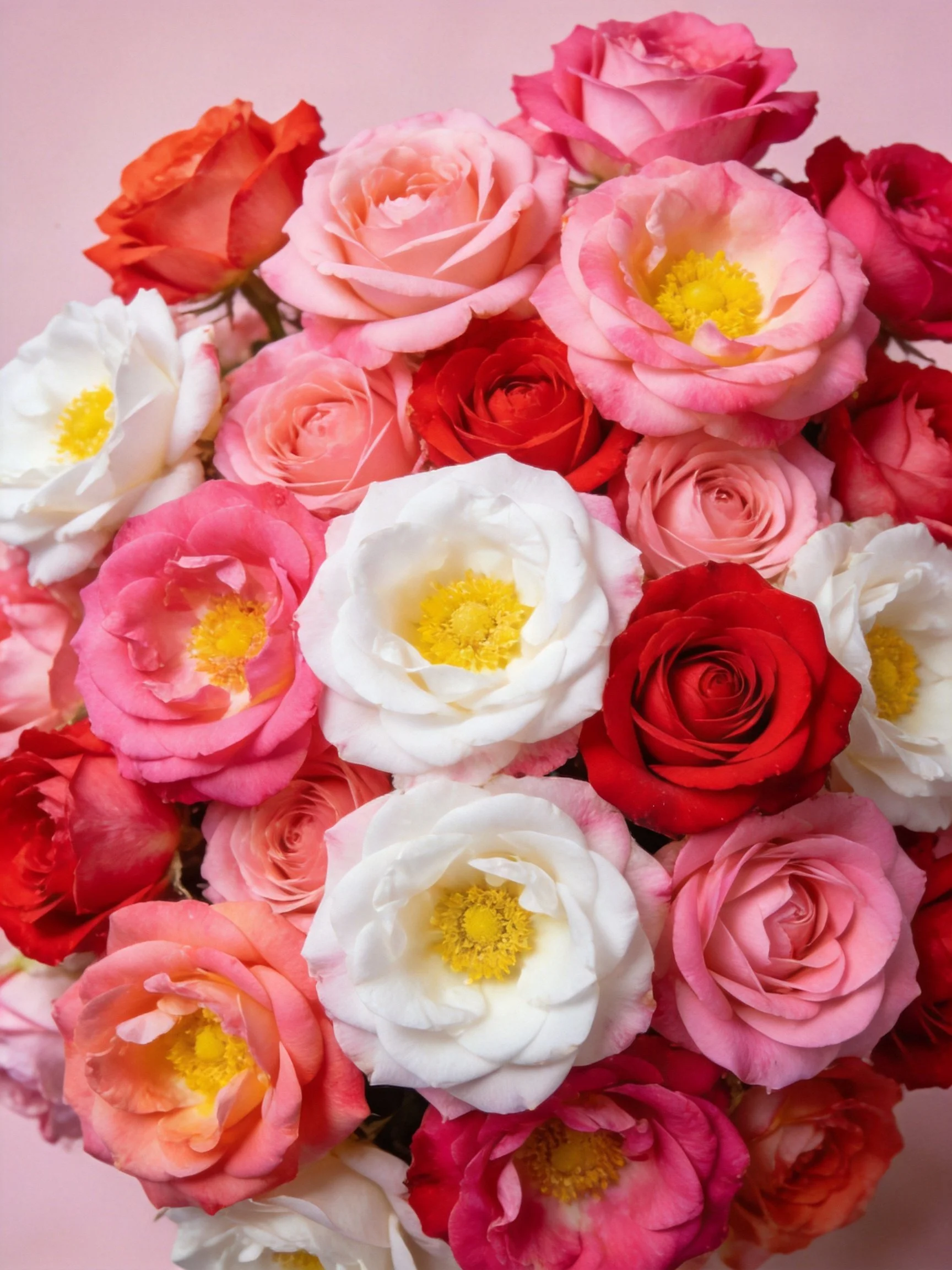 A vibrant bouquet of mixed roses in red, pink, and white hues