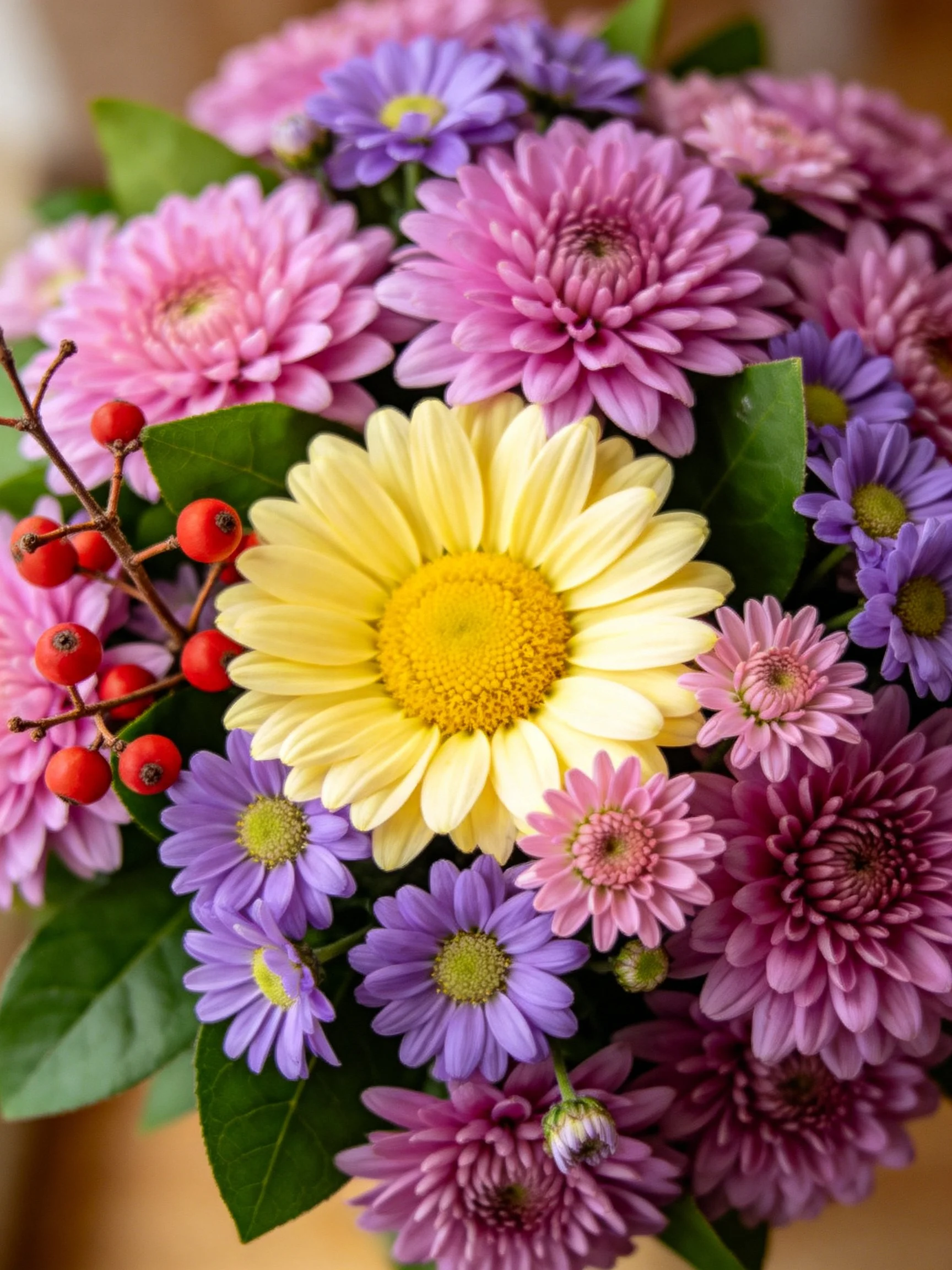 A vibrant bouquet of multicolored chrysanthemums and red berries