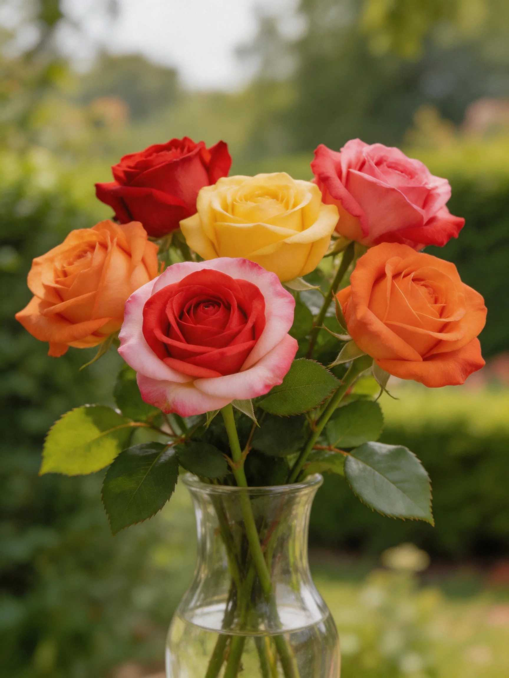 A vibrant bouquet of multicolored roses in a glass vase