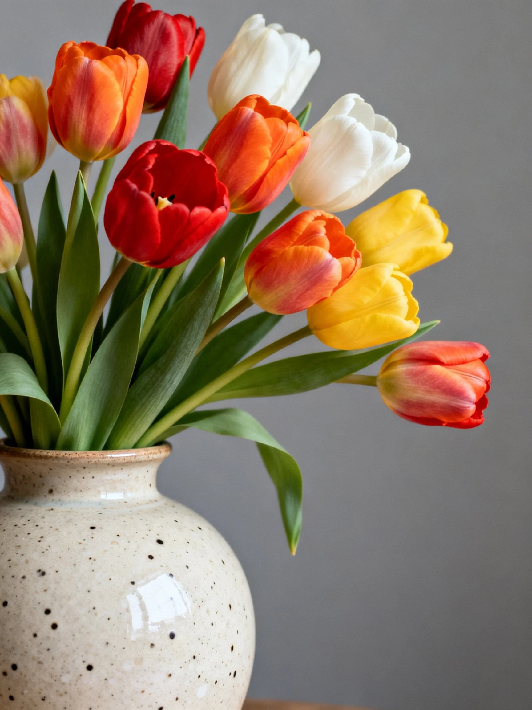 A vibrant bouquet of multicolored tulips in a speckled ceramic vase