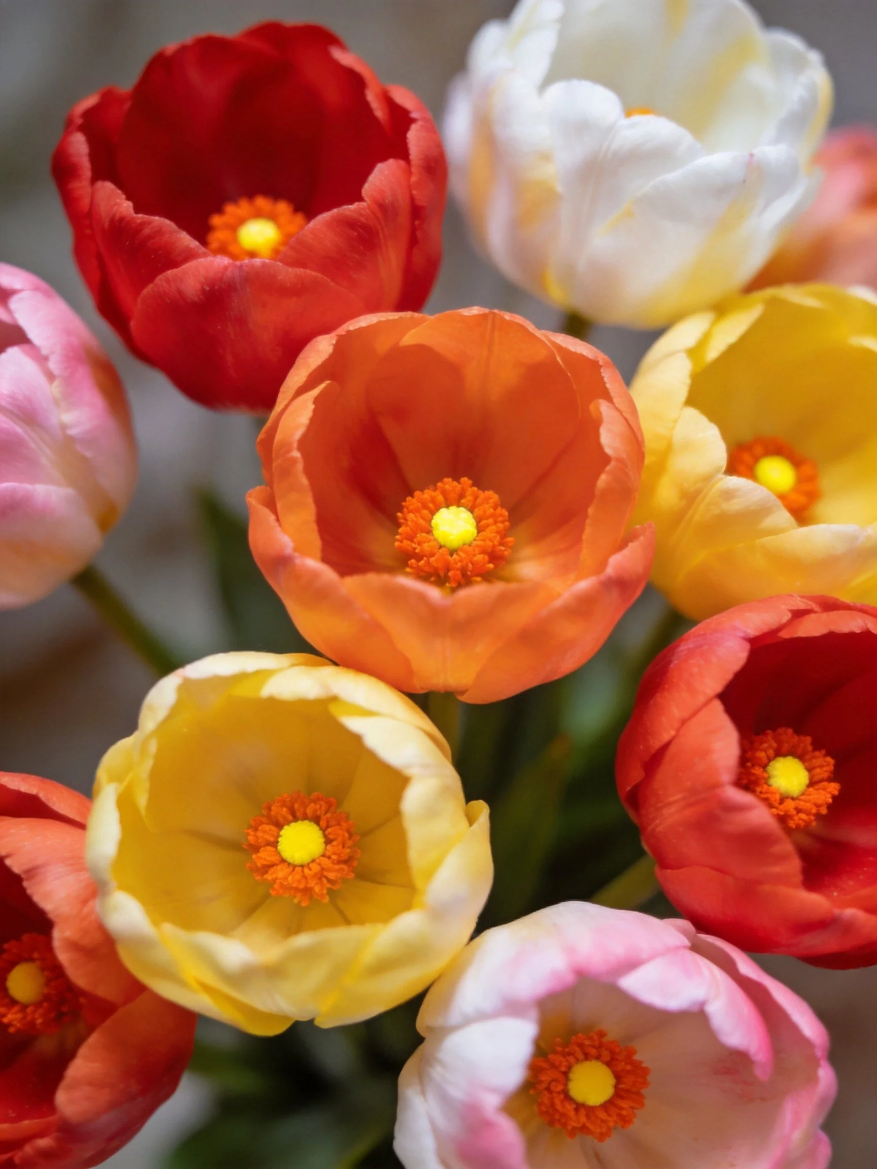 A vibrant bouquet of multicolored tulips in red, white, yellow, and pink hues