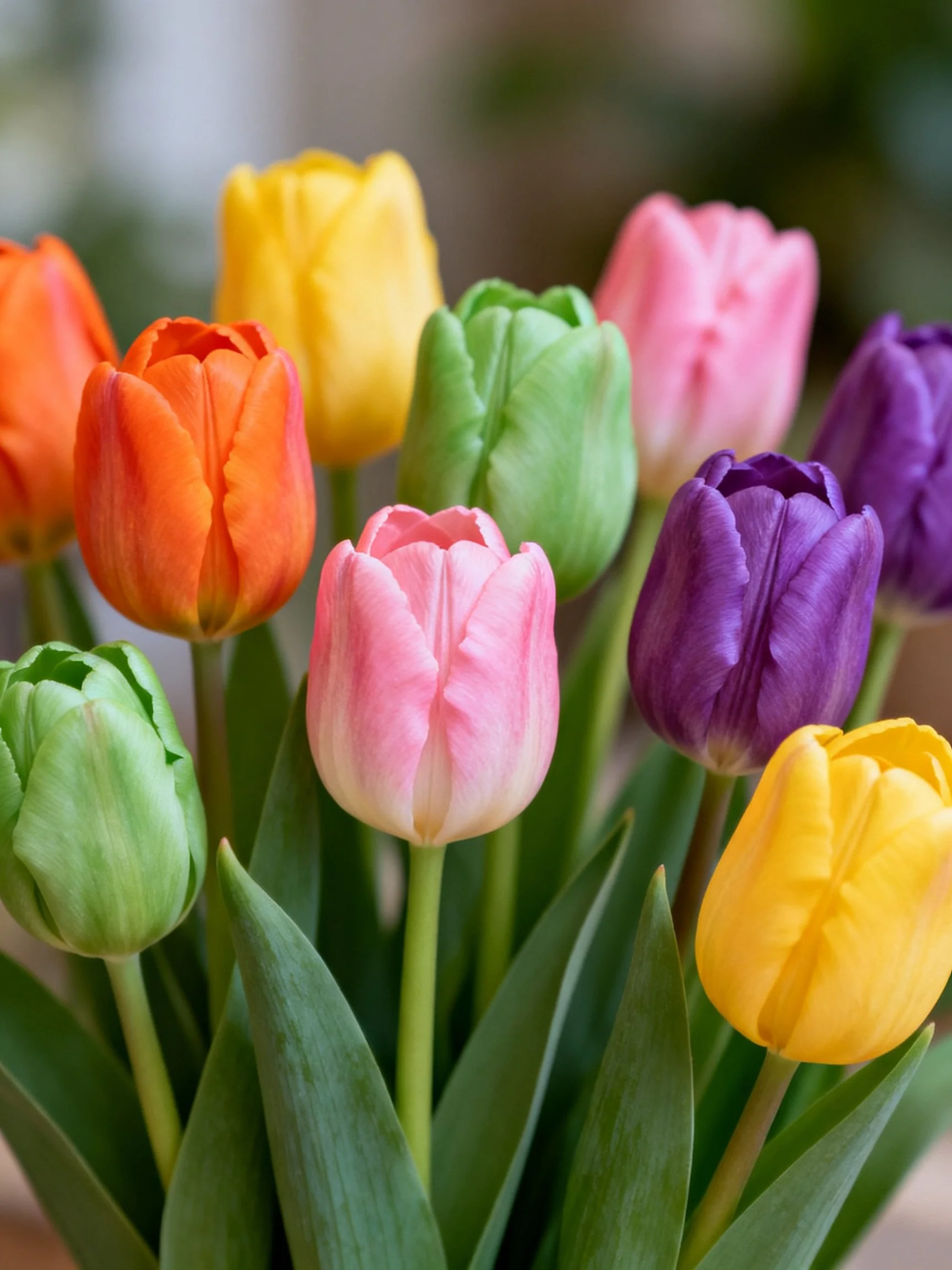 A vibrant bouquet of multicolored tulips in various hues
