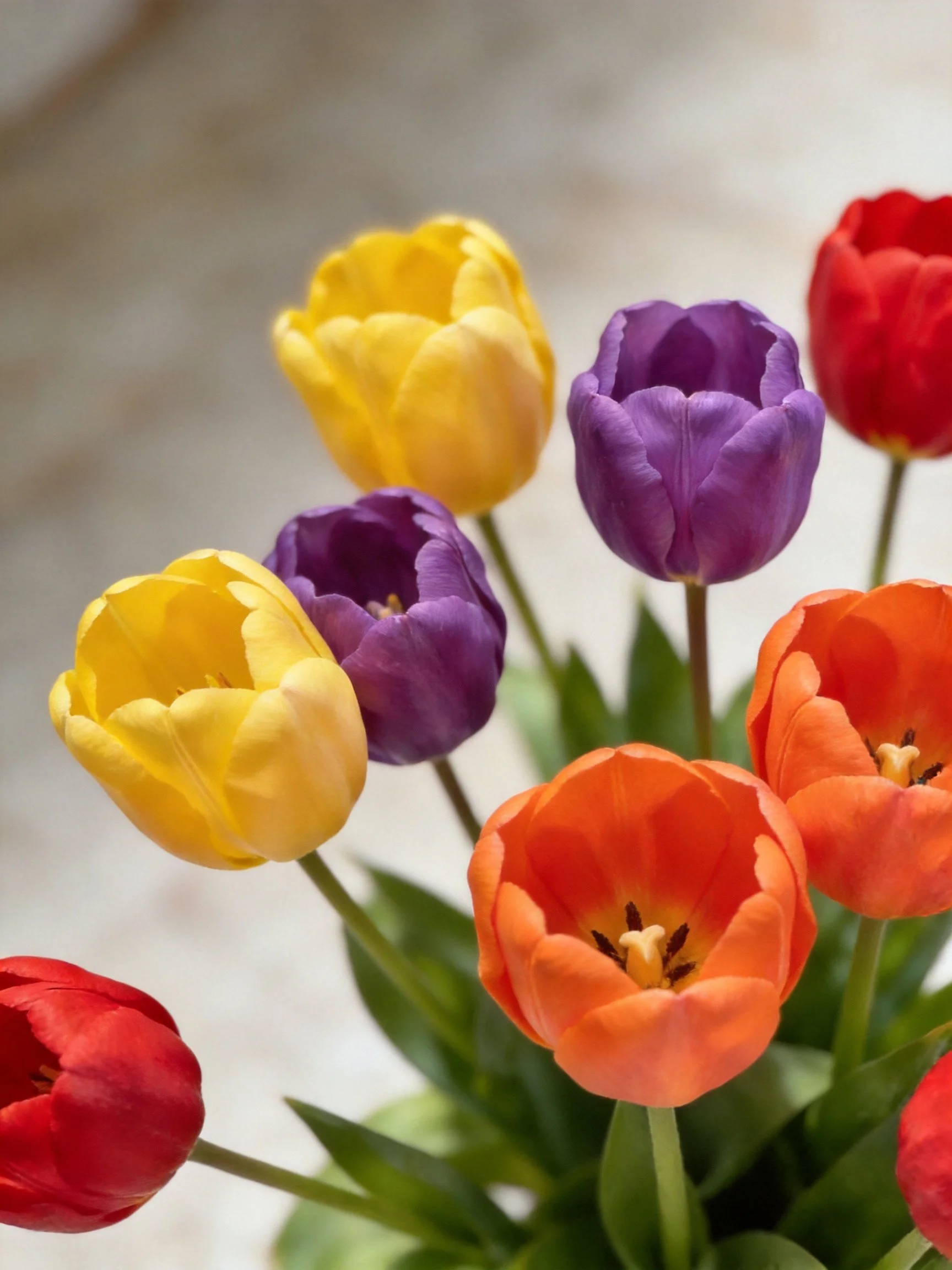 A vibrant bouquet of multicolored tulips in yellow, purple, orange, and red