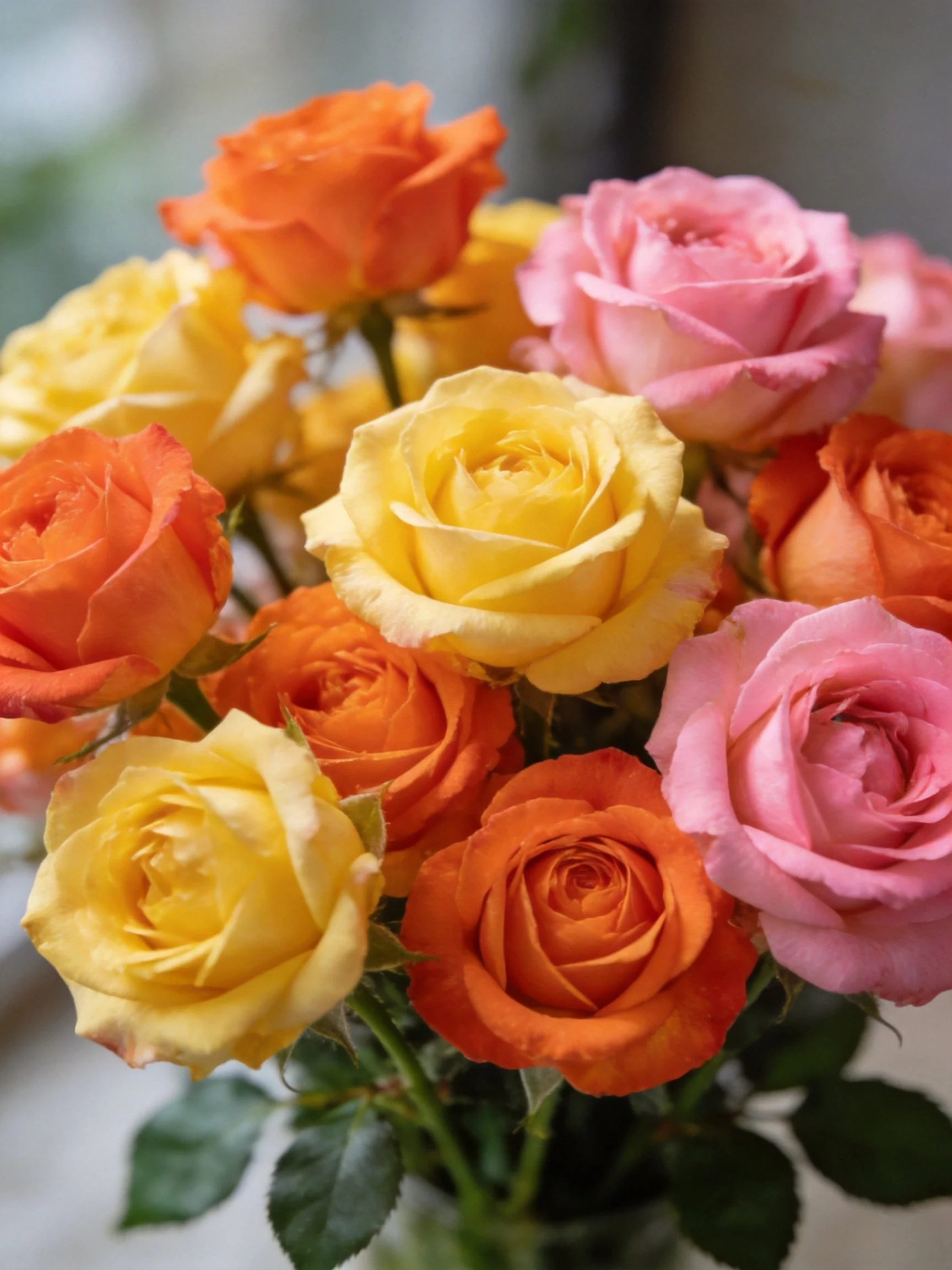 A vibrant bouquet of orange, yellow, and pink roses