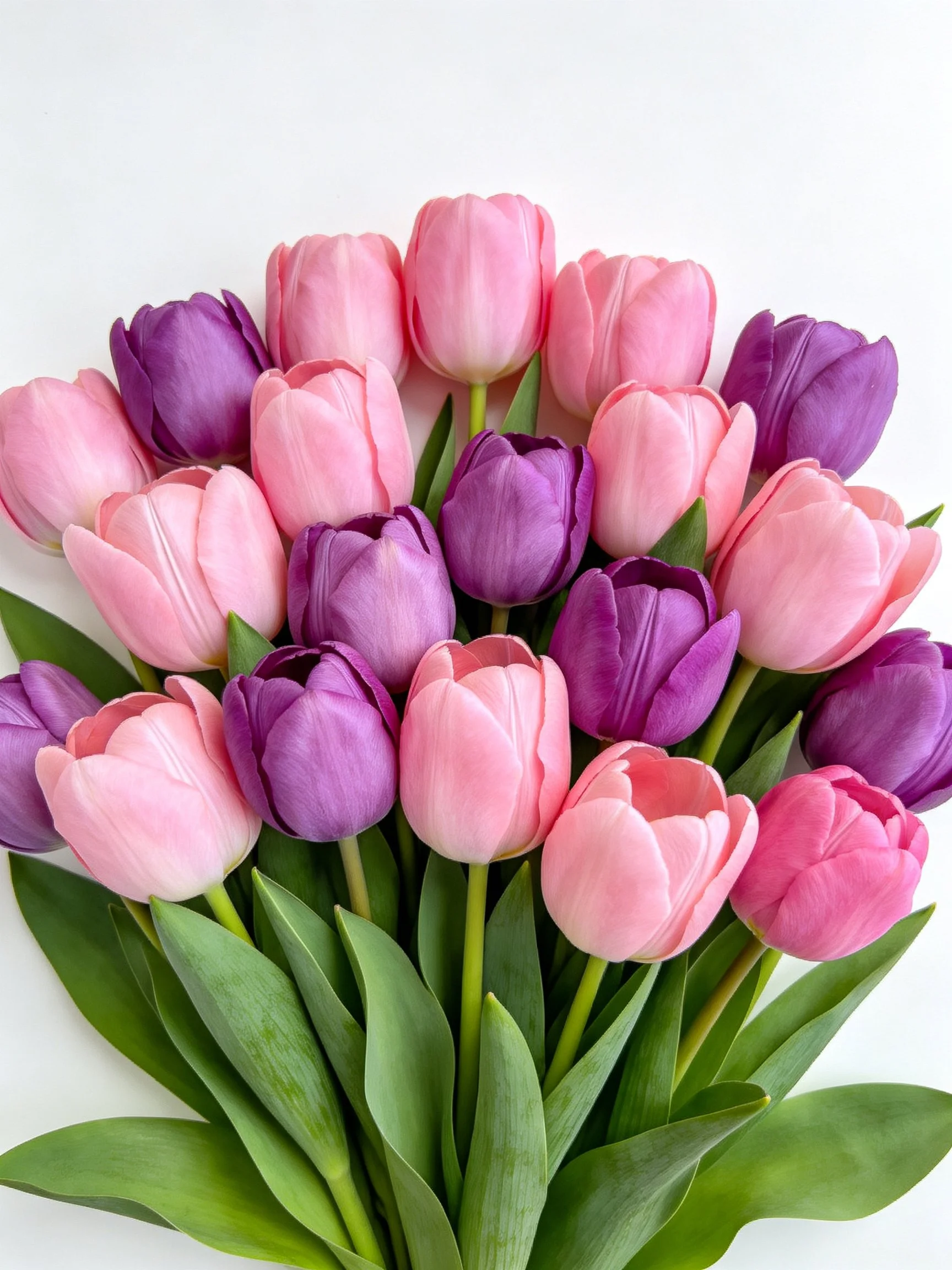 A vibrant bouquet of pink and purple tulips with green foliage