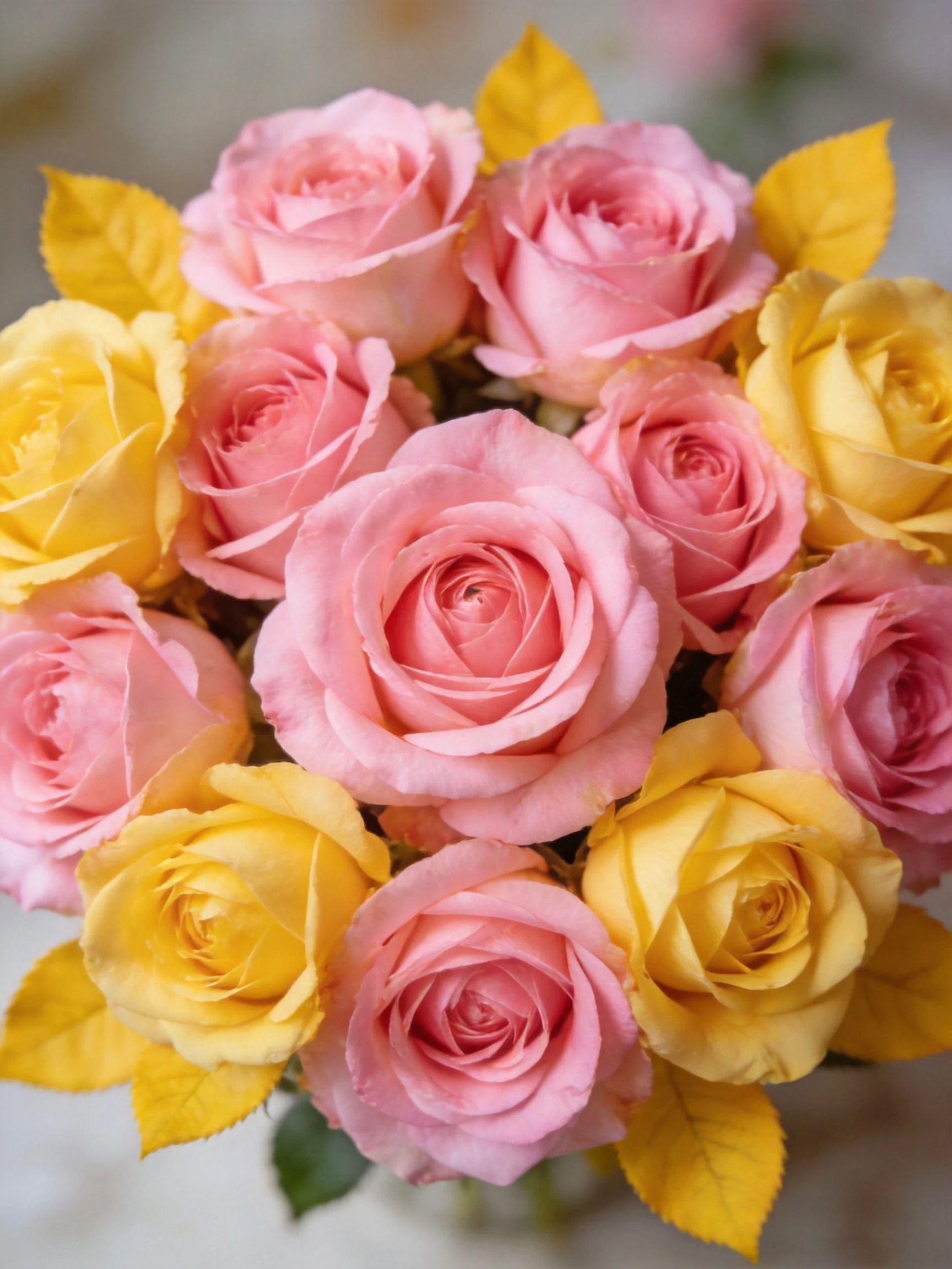 A vibrant bouquet of pink and yellow roses with golden leaves