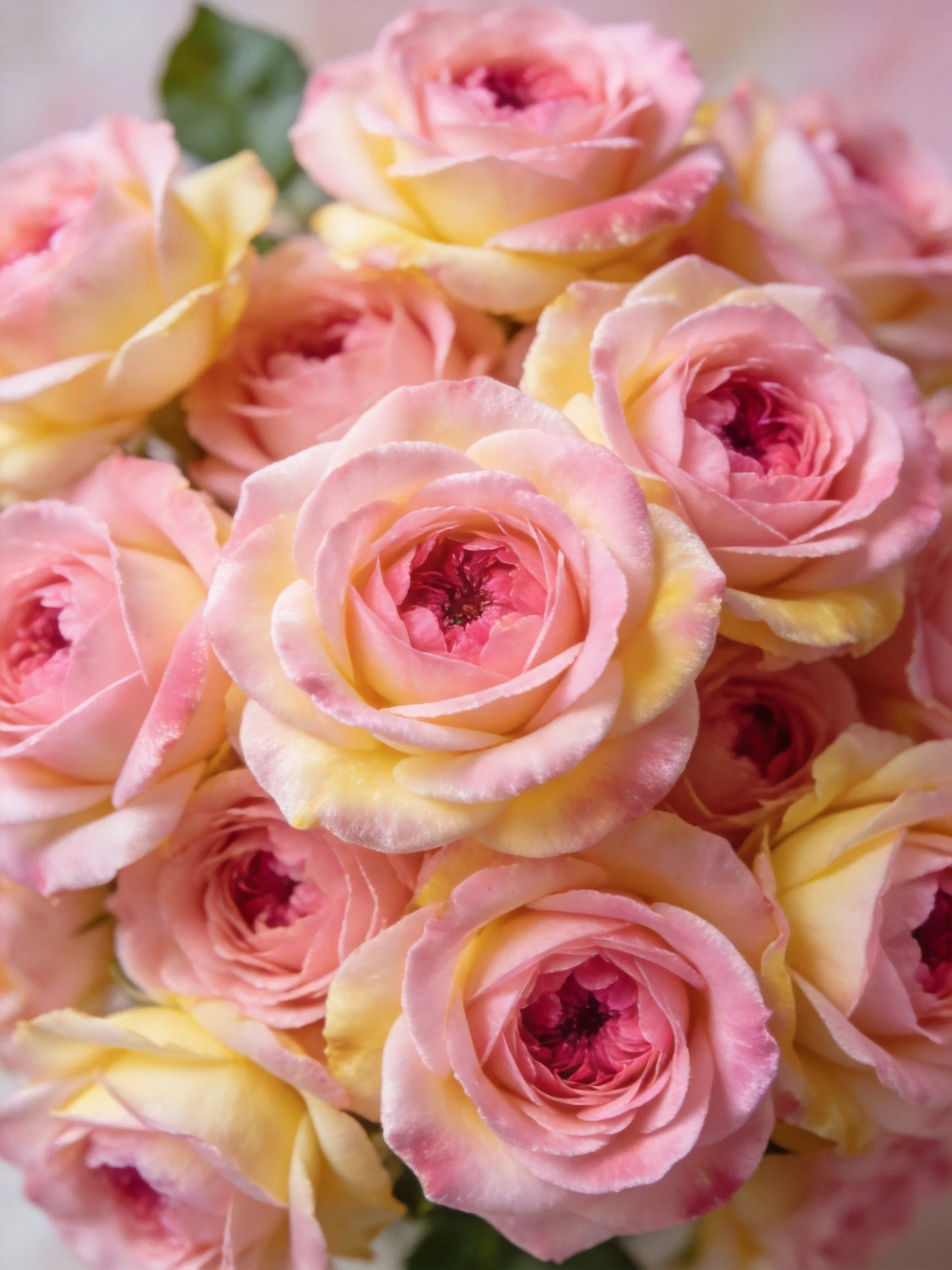 A vibrant bouquet of pink and yellow roses with layered petals
