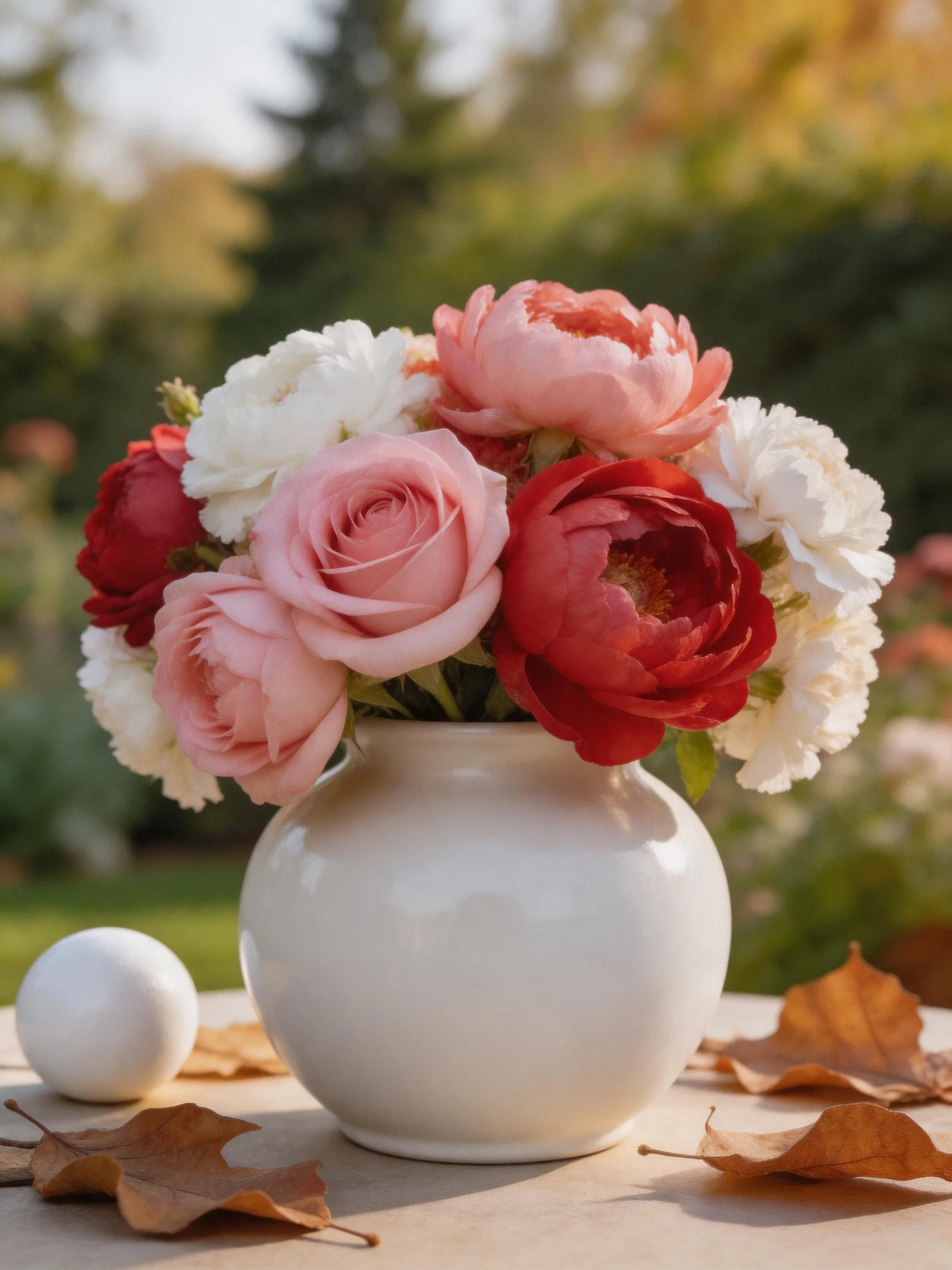 A vibrant bouquet of pink, red, and white flowers in a white vase outdoors