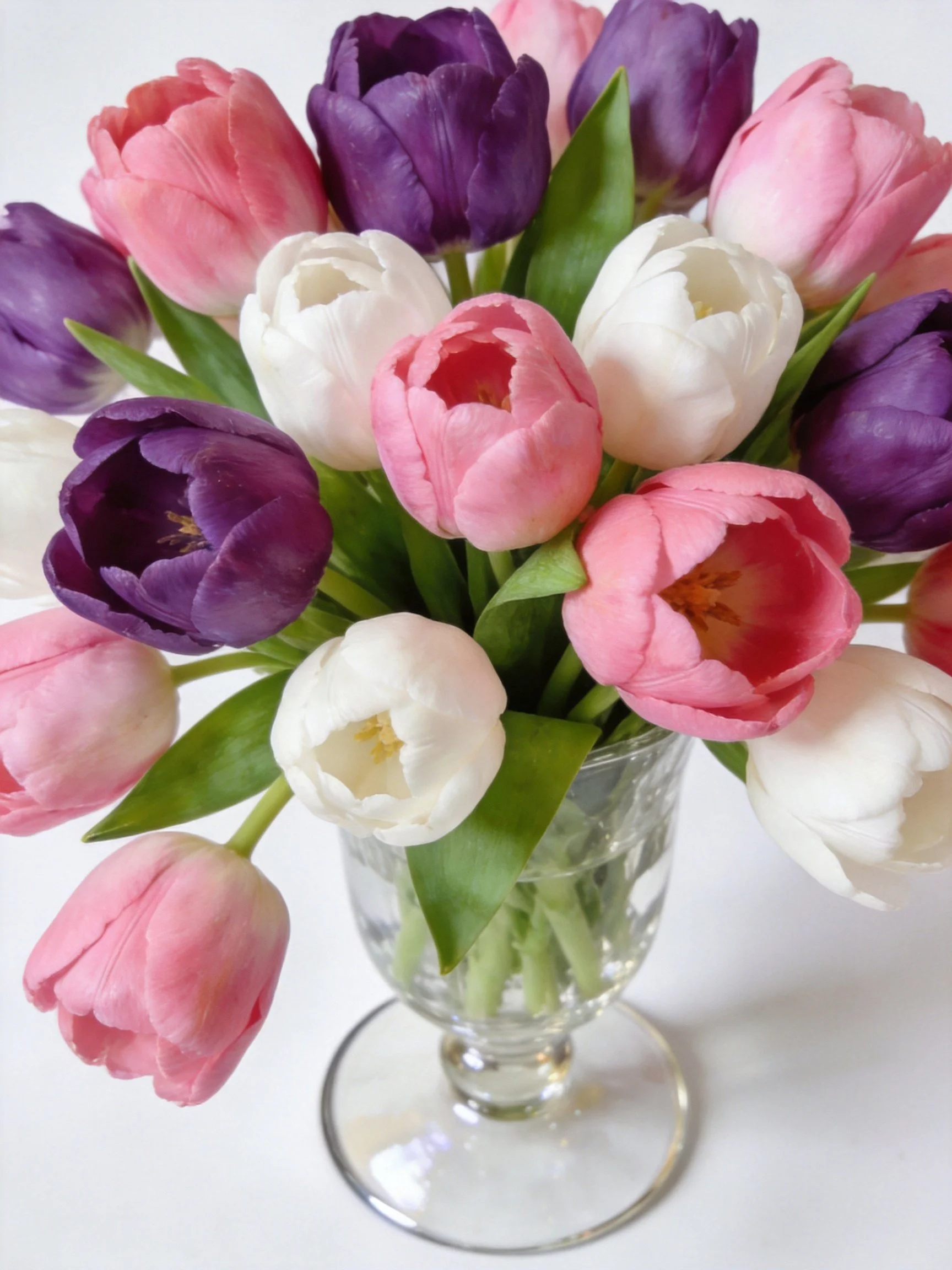 A vibrant bouquet of pink, white, and purple tulips in a glass vase