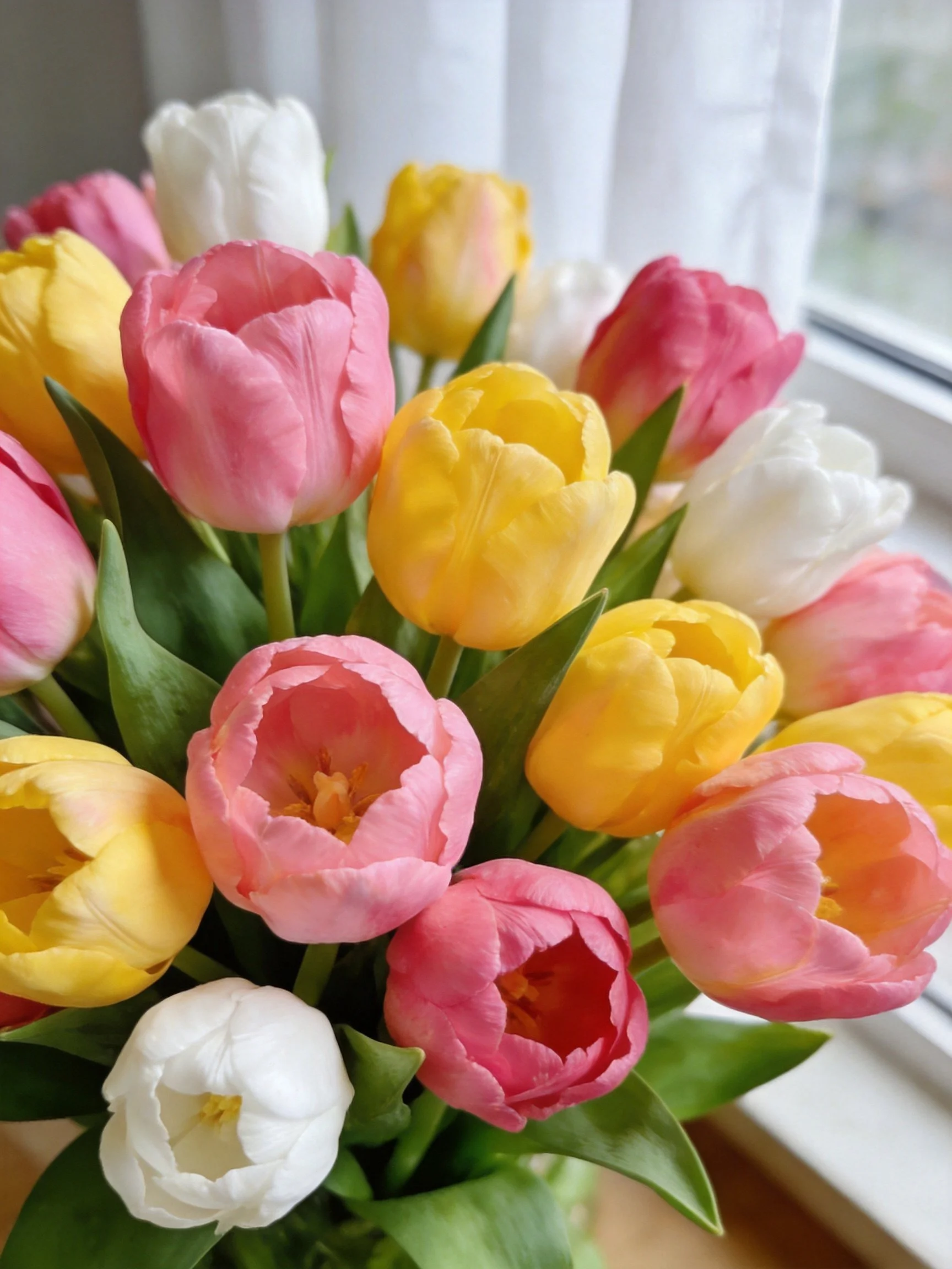 A vibrant bouquet of pink, yellow, and white tulips by a window