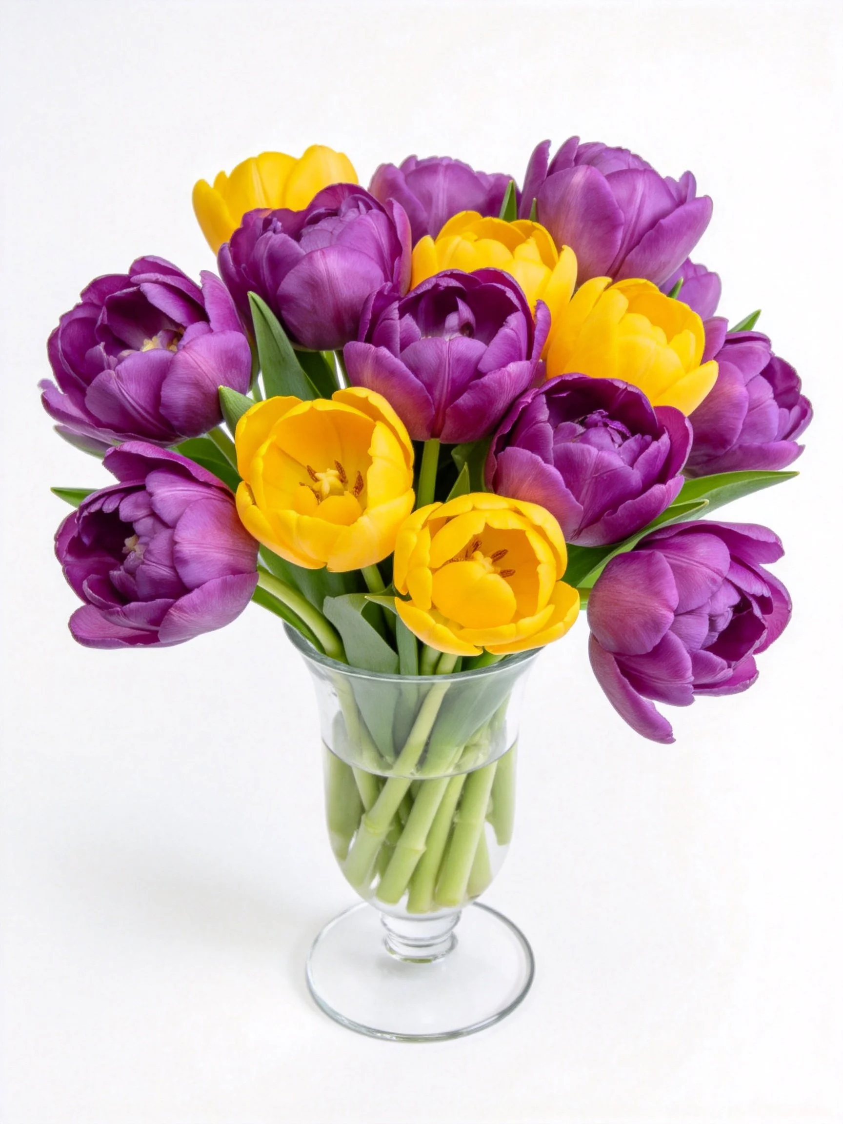 A vibrant bouquet of purple and yellow tulips arranged in a clear glass vase