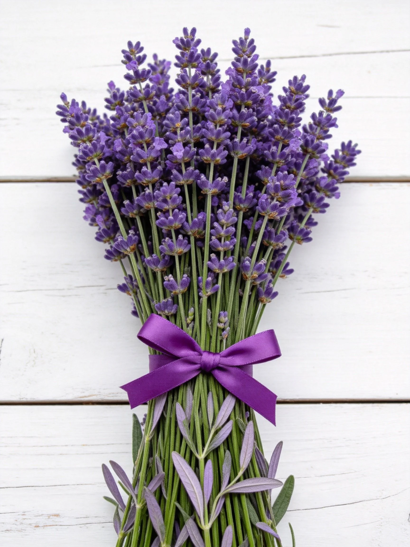 A vibrant bouquet of purple lavender tied with a purple ribbon on white wooden planks