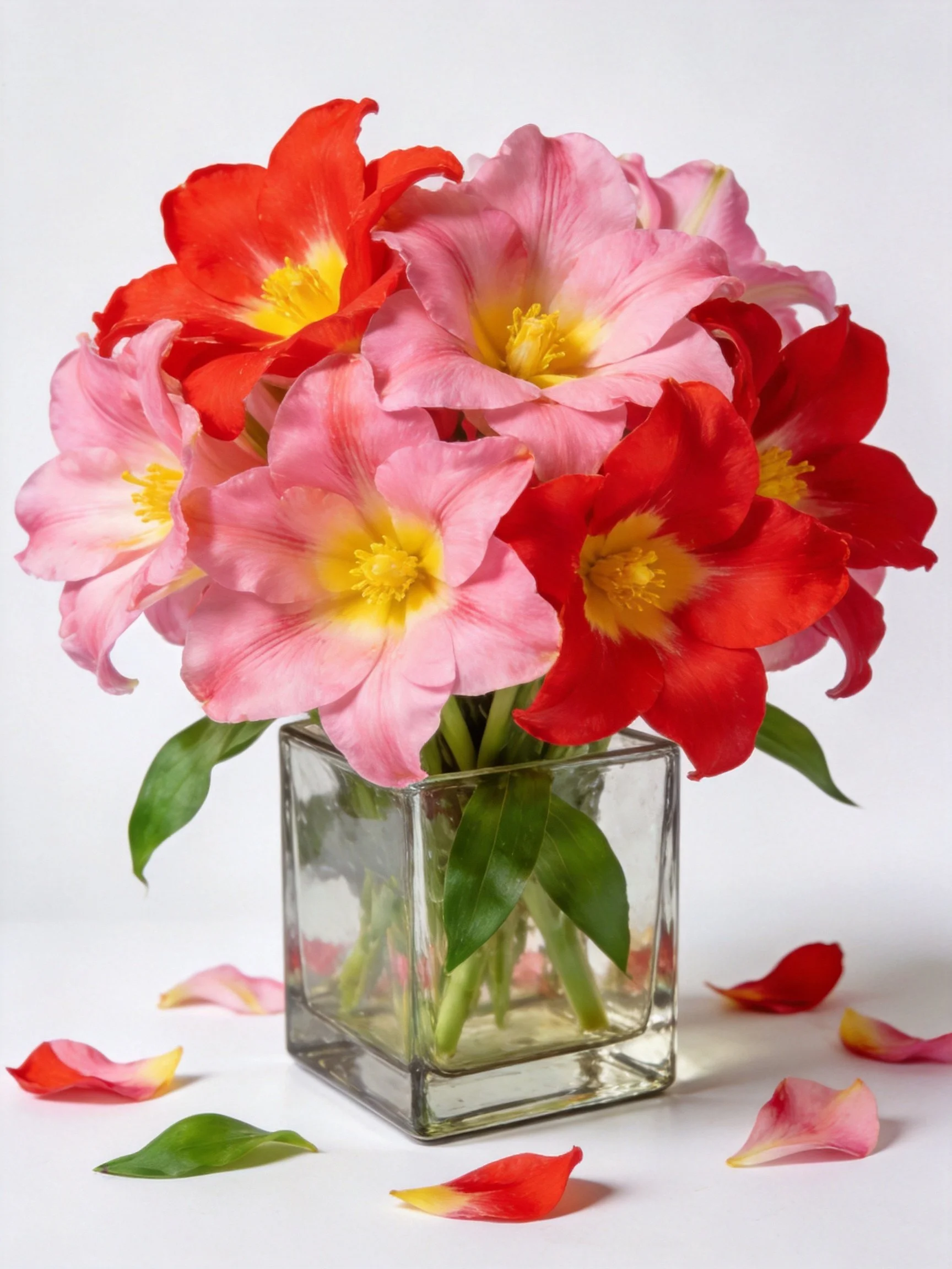 A vibrant bouquet of red and pink flowers in a clear glass vase