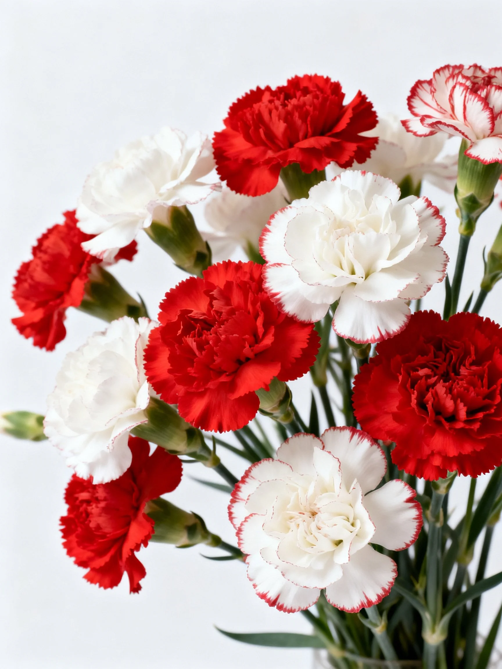 A vibrant bouquet of red and white carnations with varied petal details