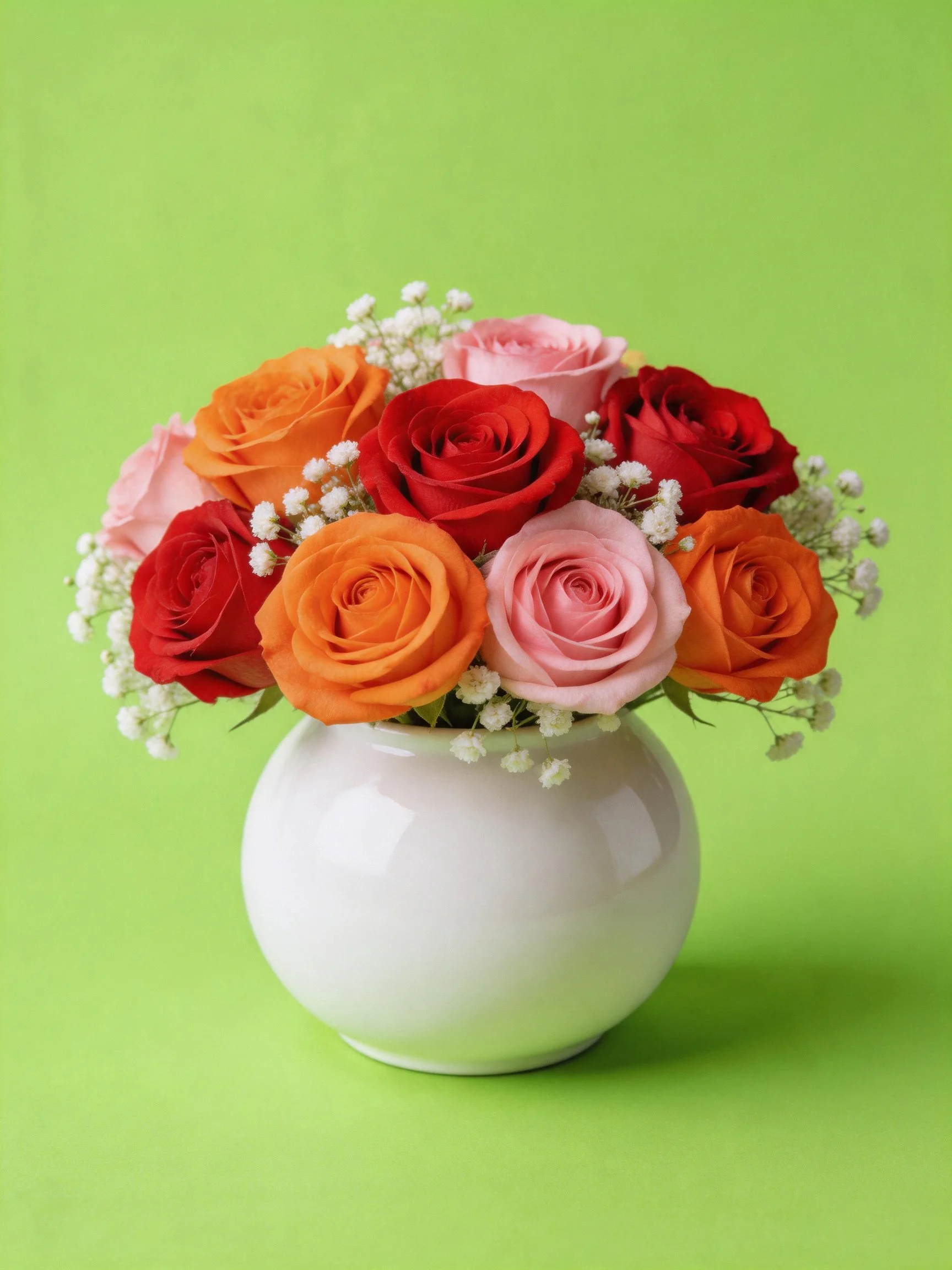 A vibrant bouquet of red, orange, and pink roses in a white vase