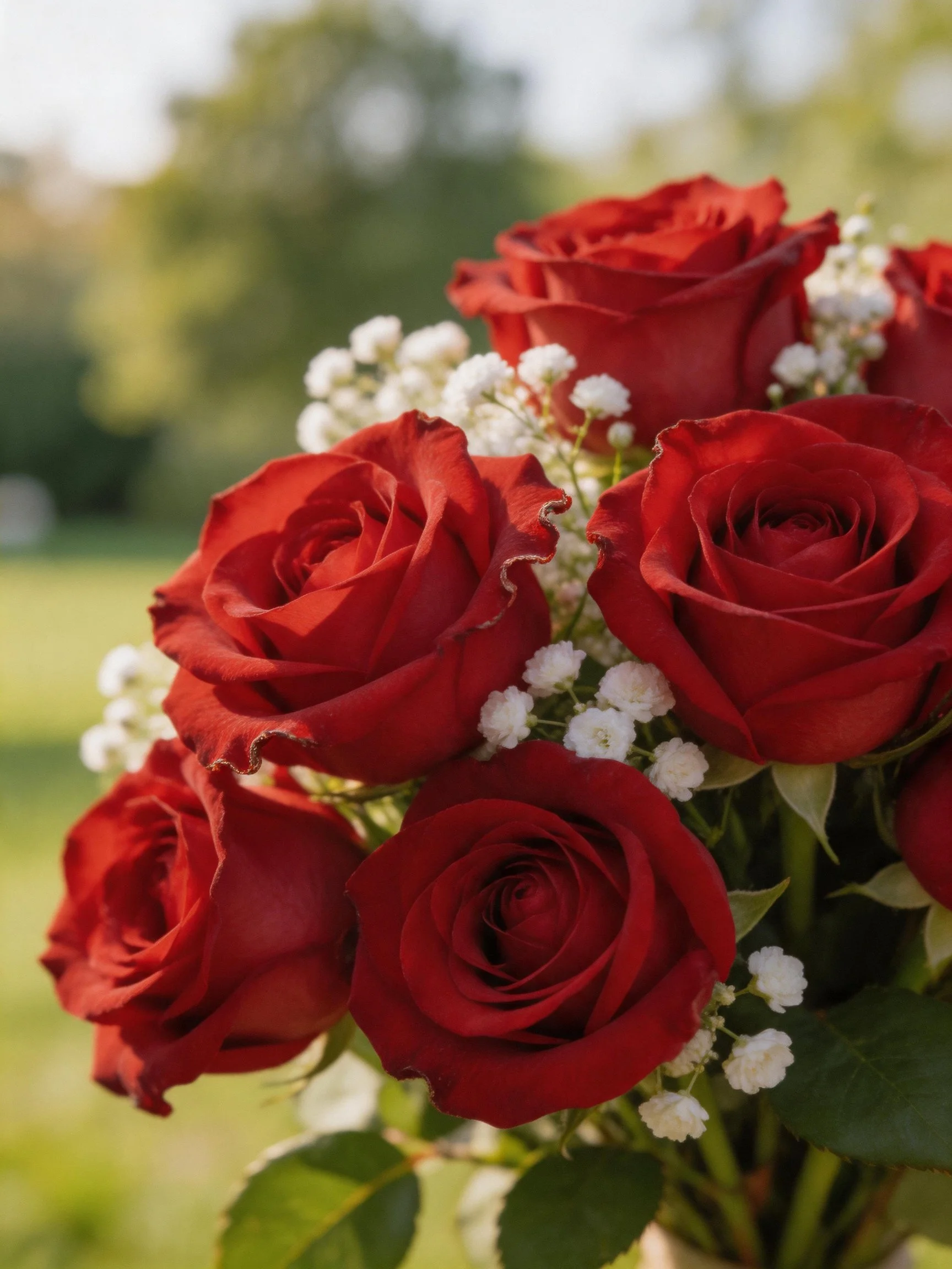 A vibrant bouquet of red roses with delicate white blooms