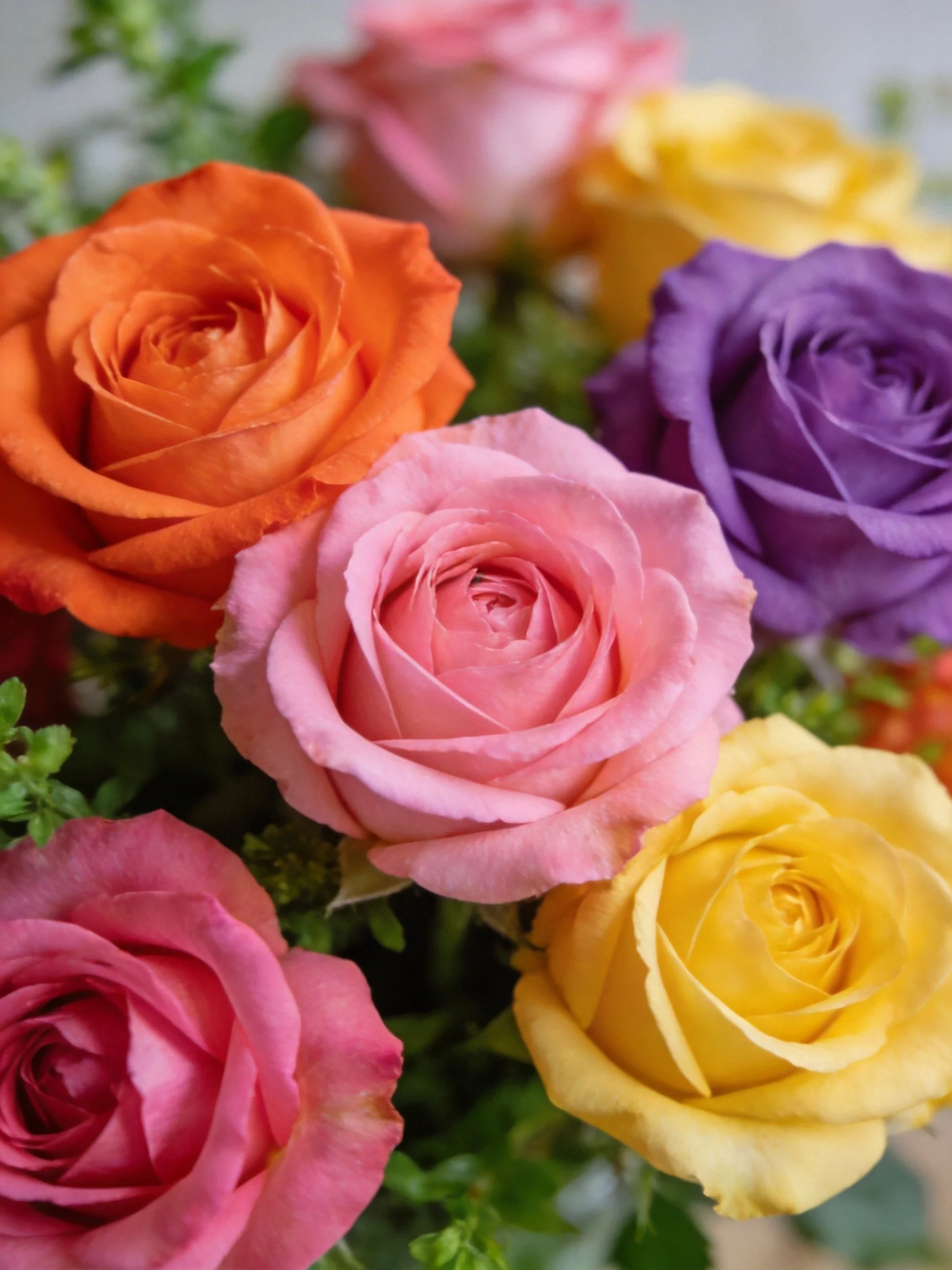 A vibrant bouquet of six roses in orange, pink, purple, and yellow