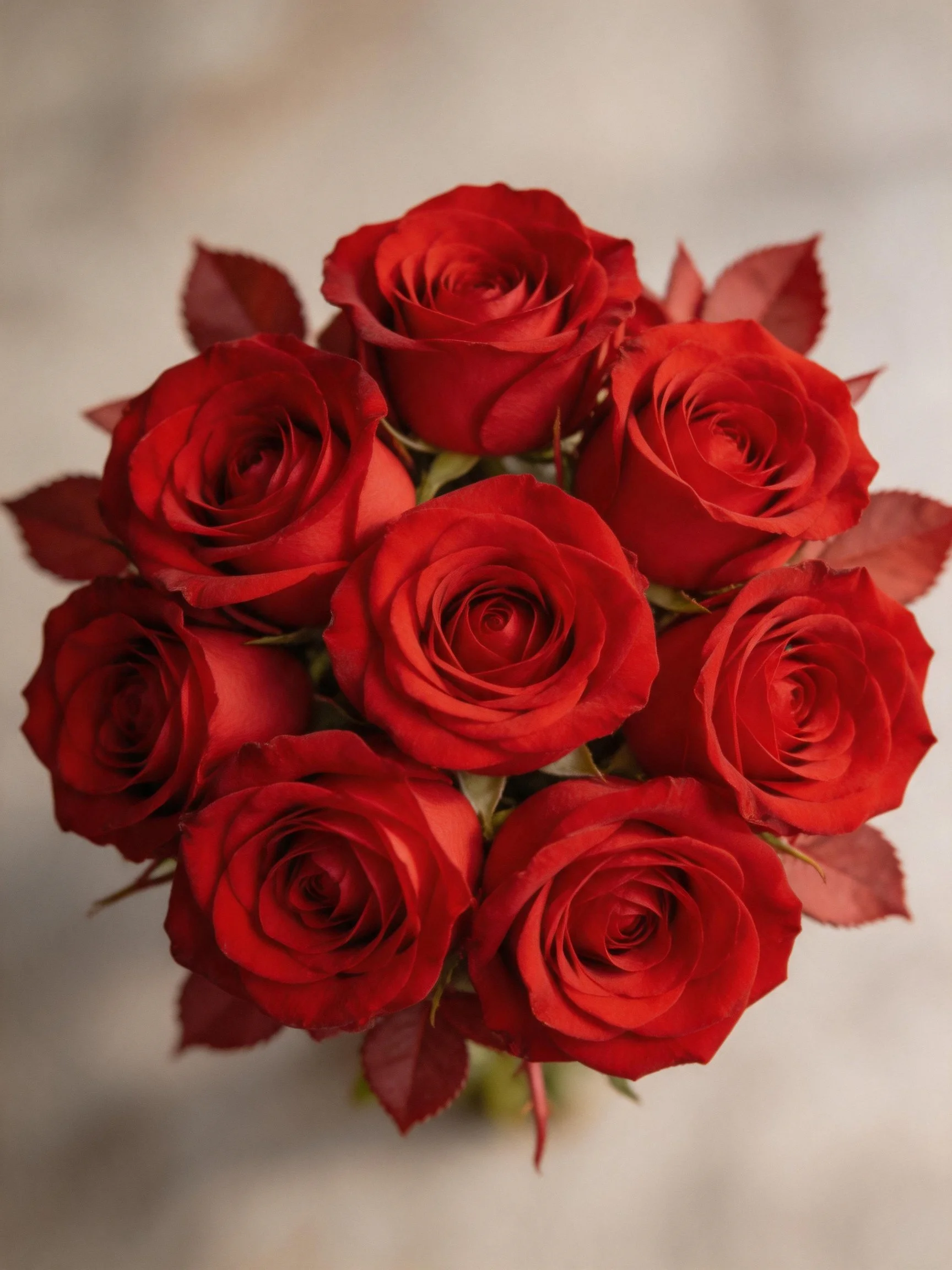 A vibrant bouquet of ten red roses with dark red leaves