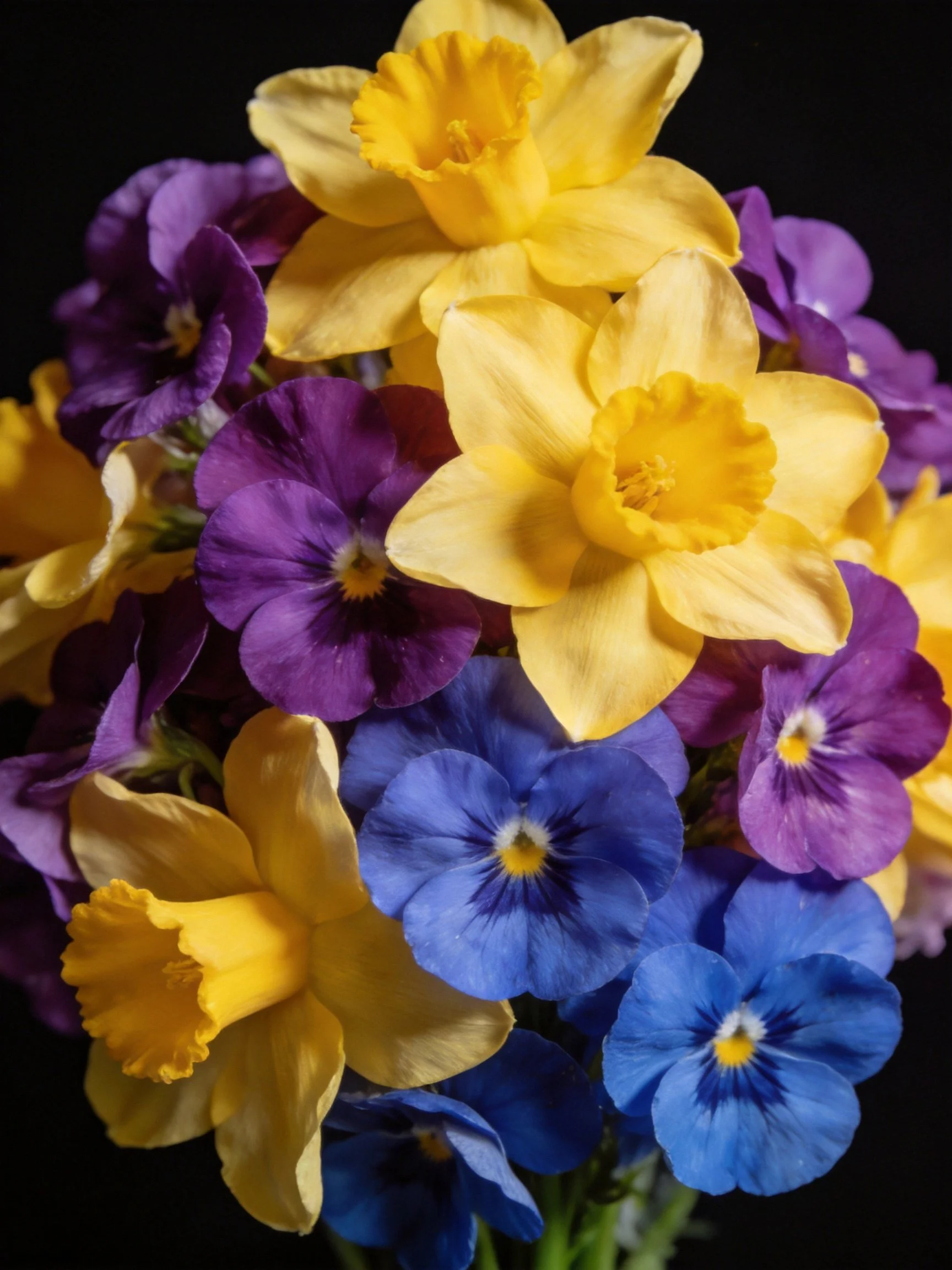 A vibrant bouquet of yellow daffodils, purple, and blue flowers