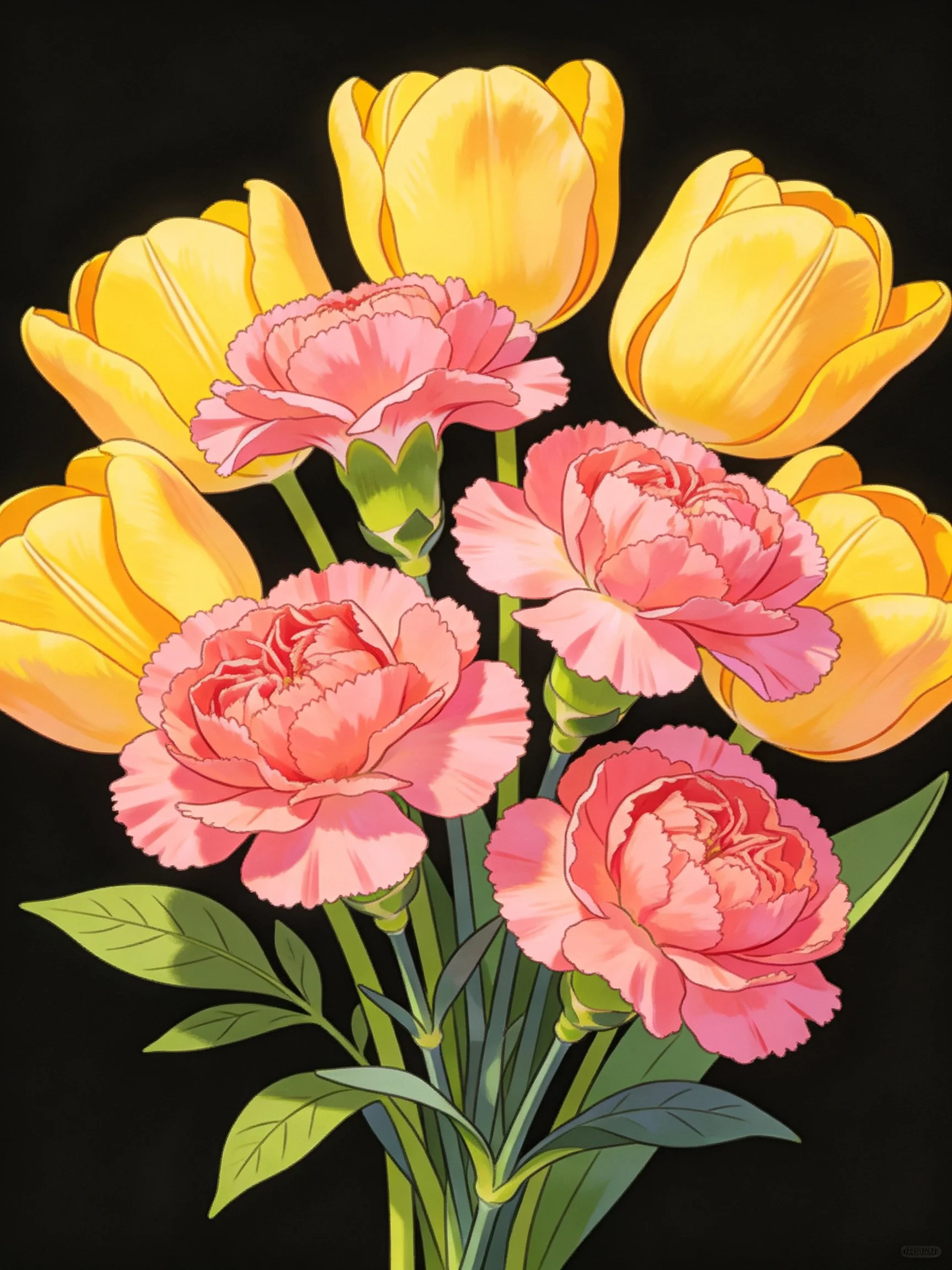 A vibrant bouquet of yellow tulips and pink carnations