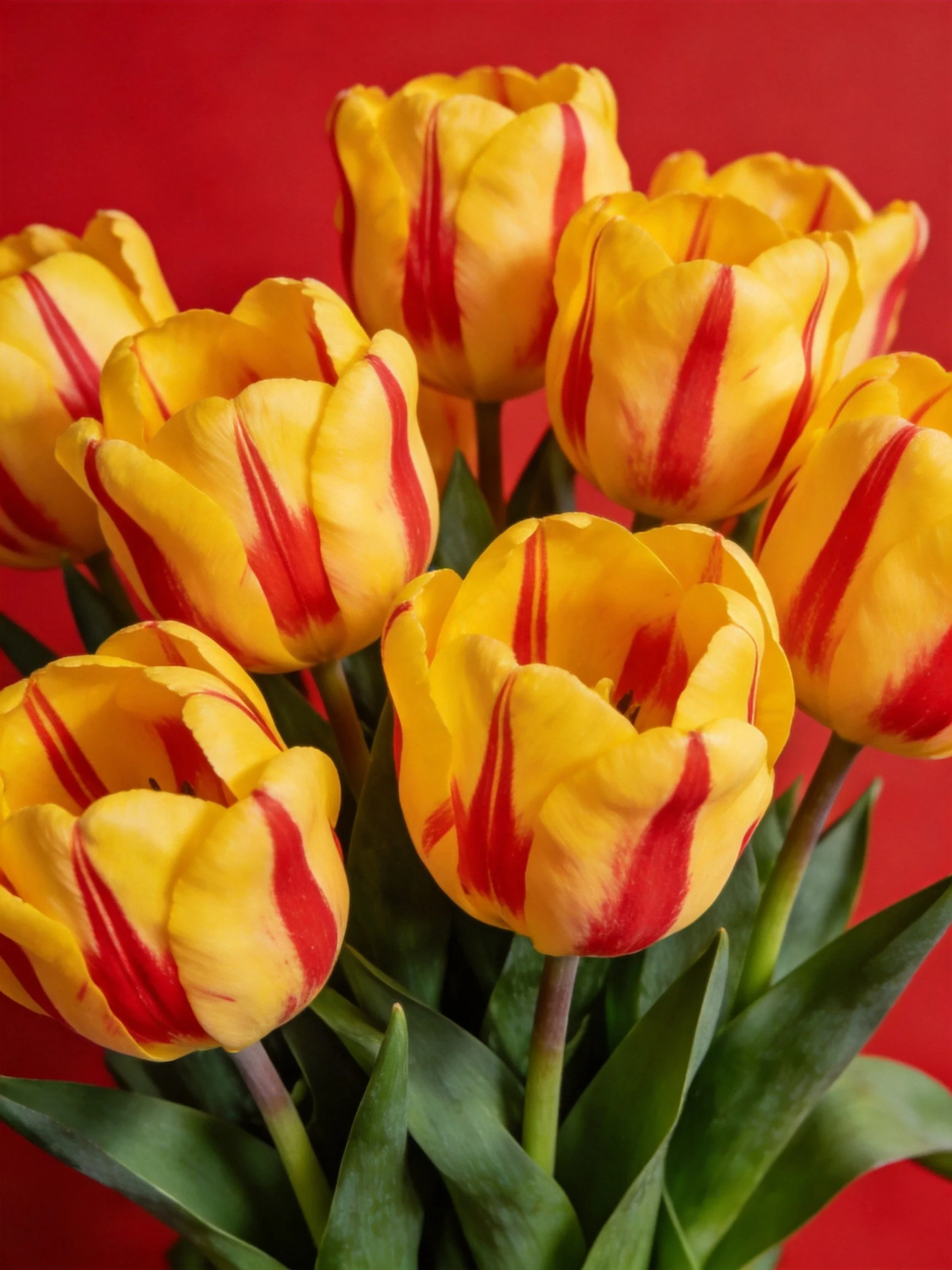 A vibrant bouquet of yellow tulips with bold red stripes