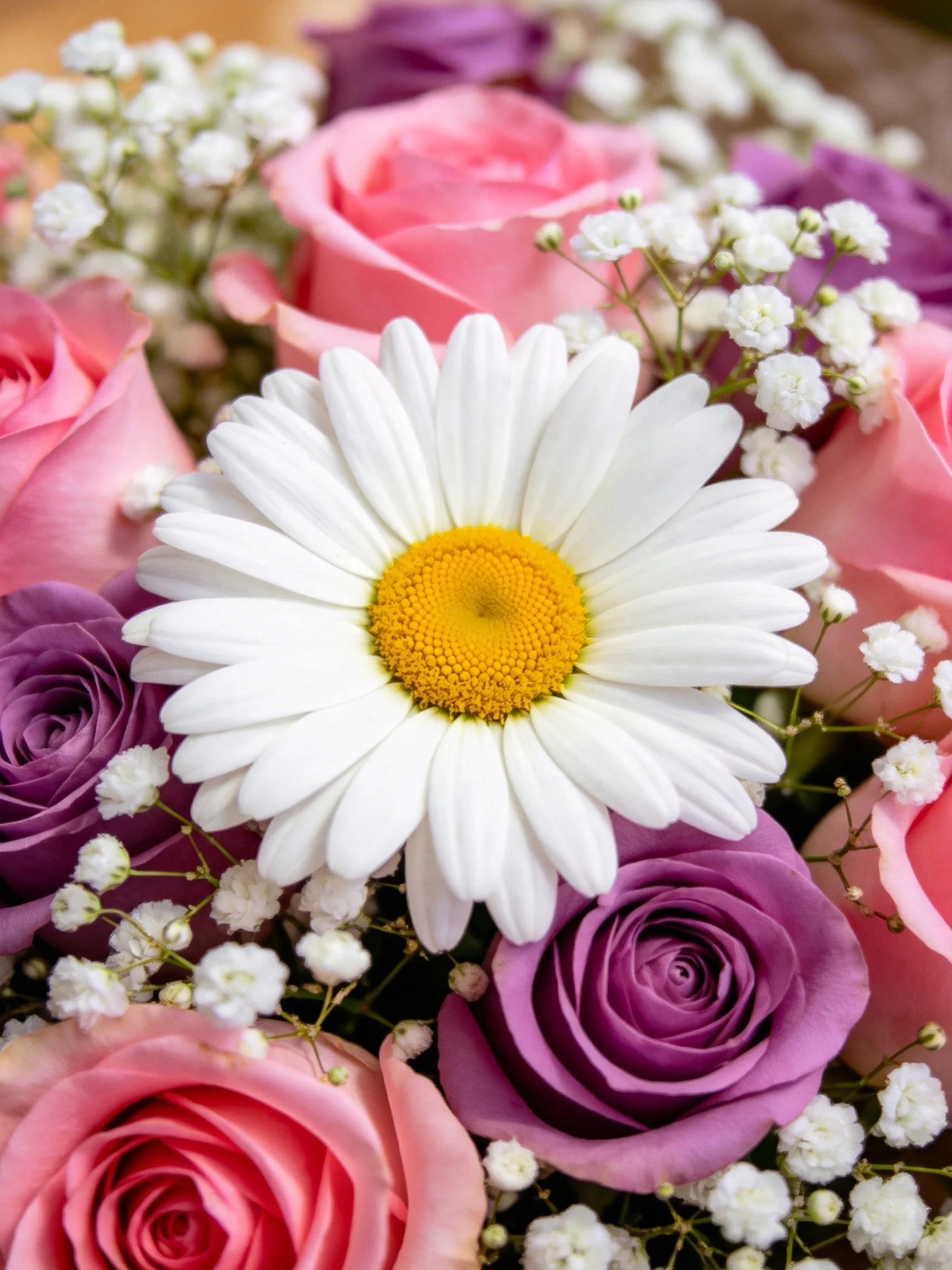 A vibrant bouquet with a central white daisy, pink, and purple roses