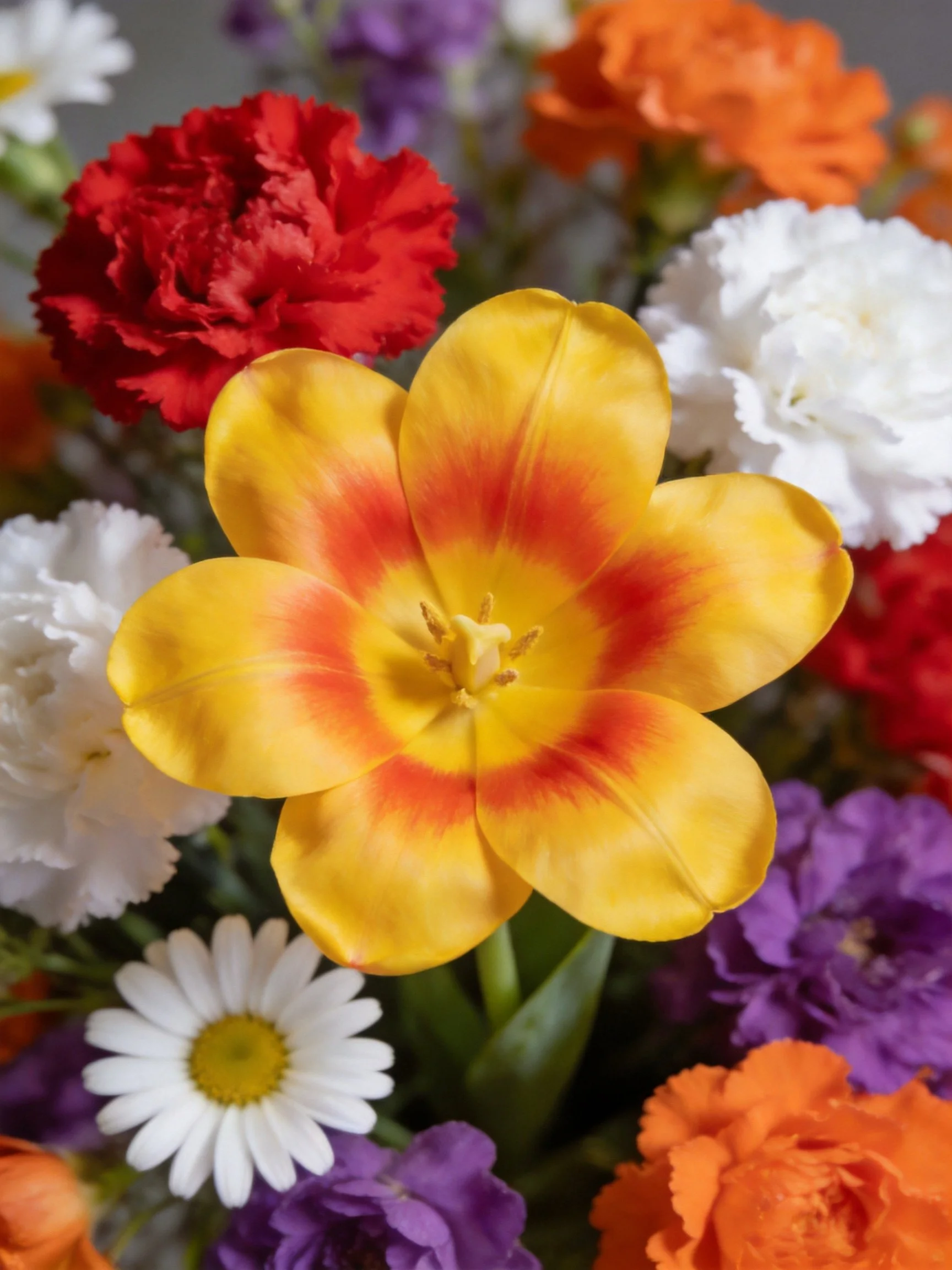 A vibrant bouquet with a central yellow-orange tulip and multicolored blooms