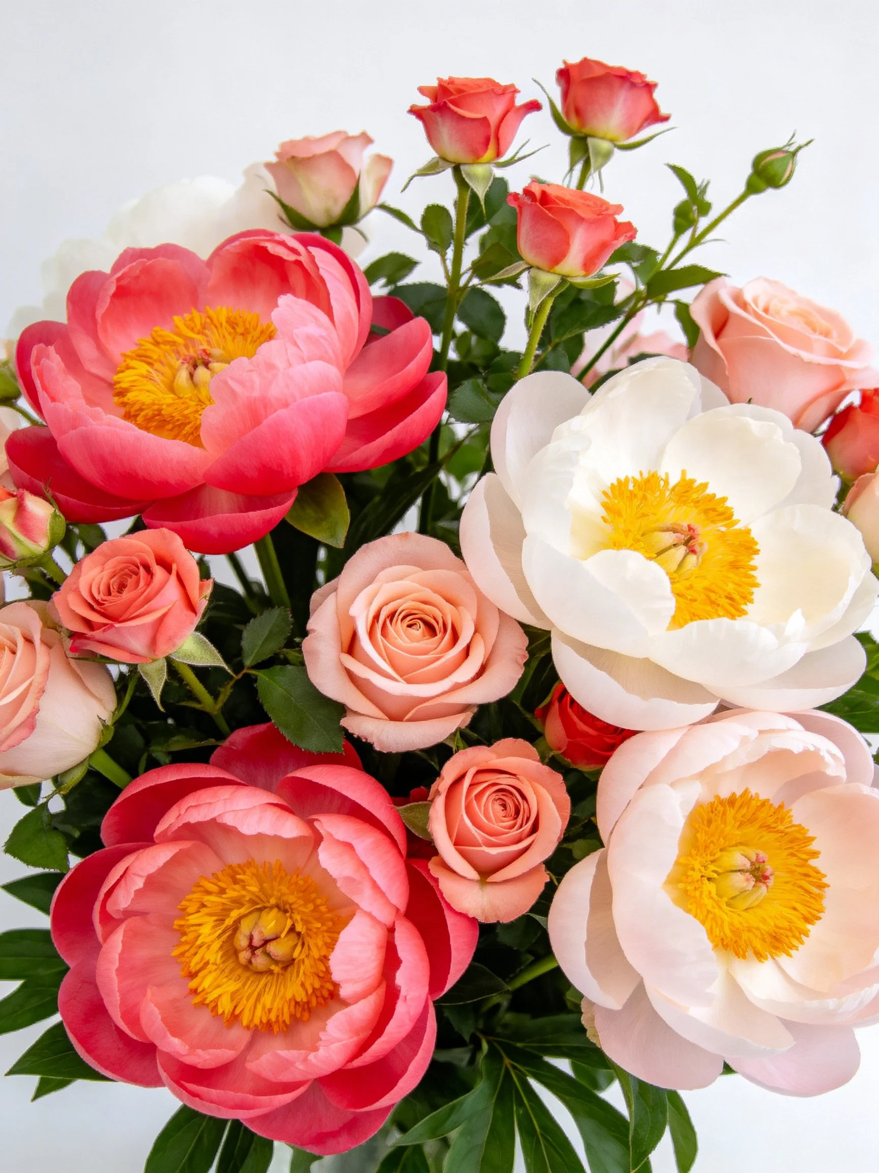 A vibrant bouquet with large peonies and roses in coral, pink, and white