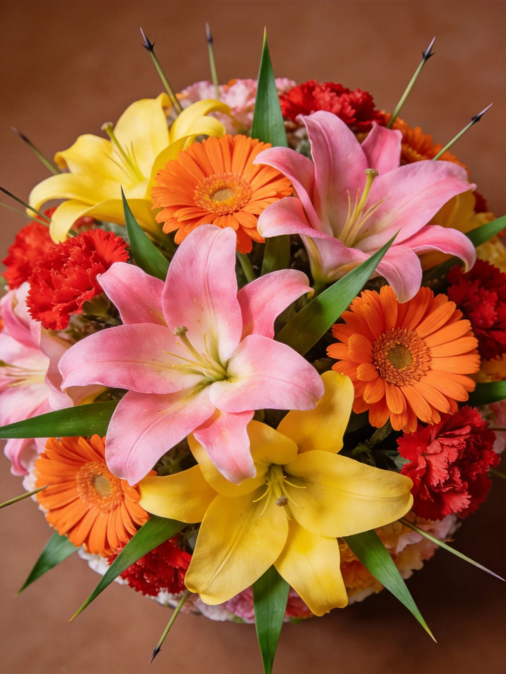 A vibrant bouquet with pink lilies, yellow lilies, orange gerberas, and red carnations