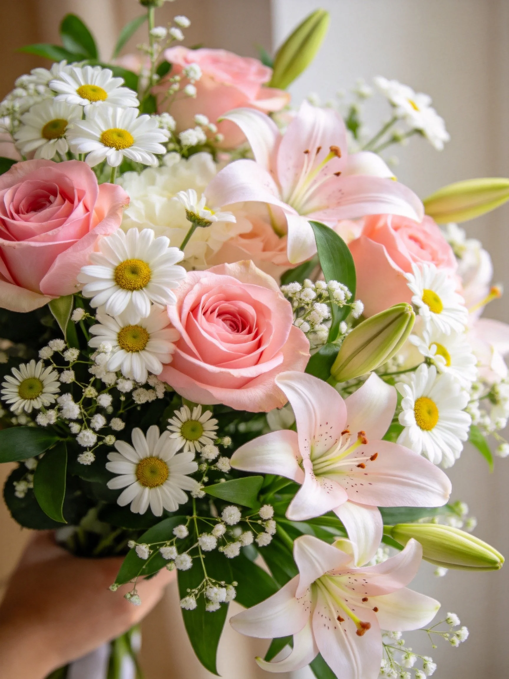 A vibrant bouquet with pink roses, white daisies, pale lilies, and baby’s breath