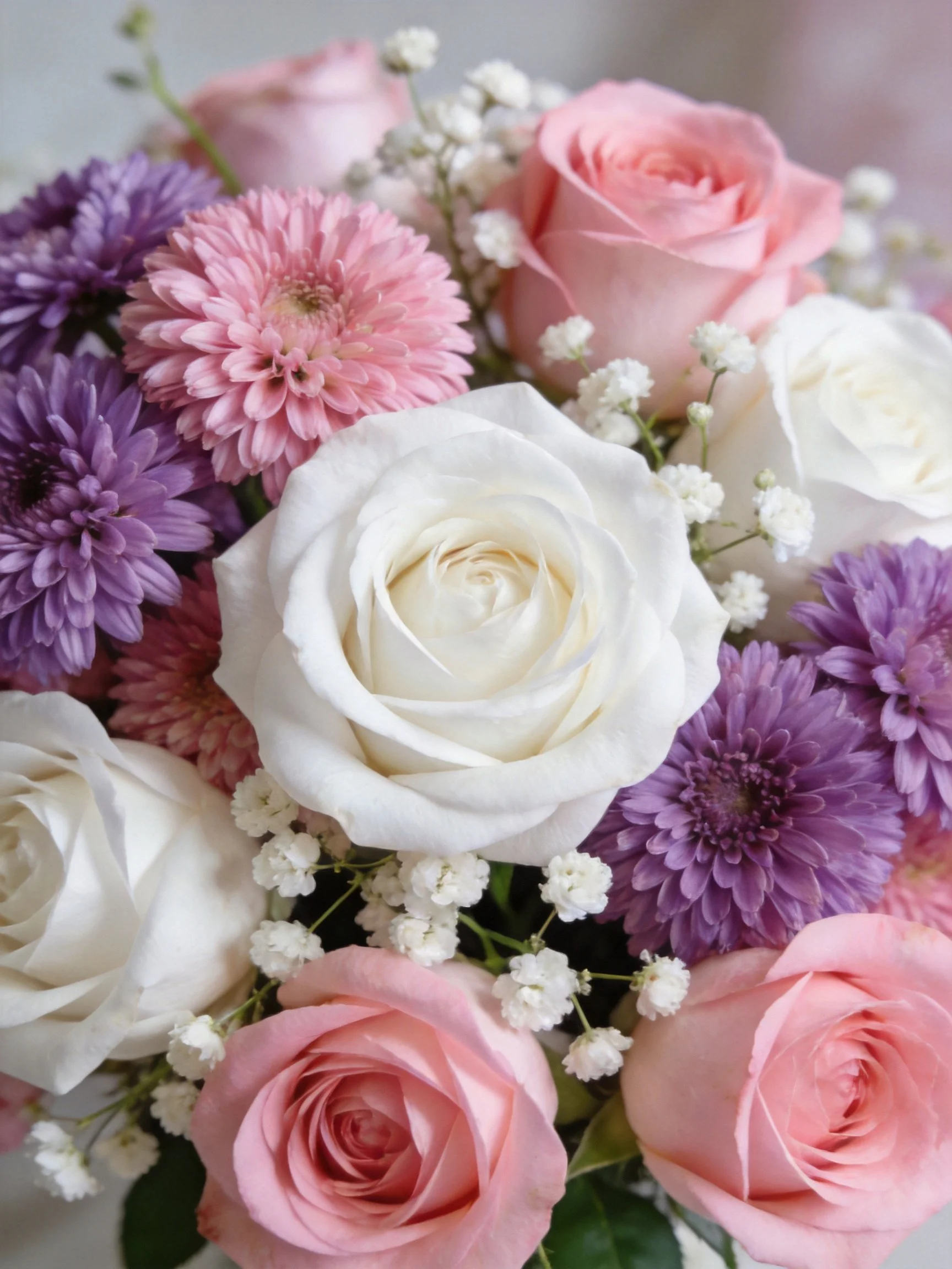 A vibrant bouquet with pink, white, purple flowers and baby’s breath
