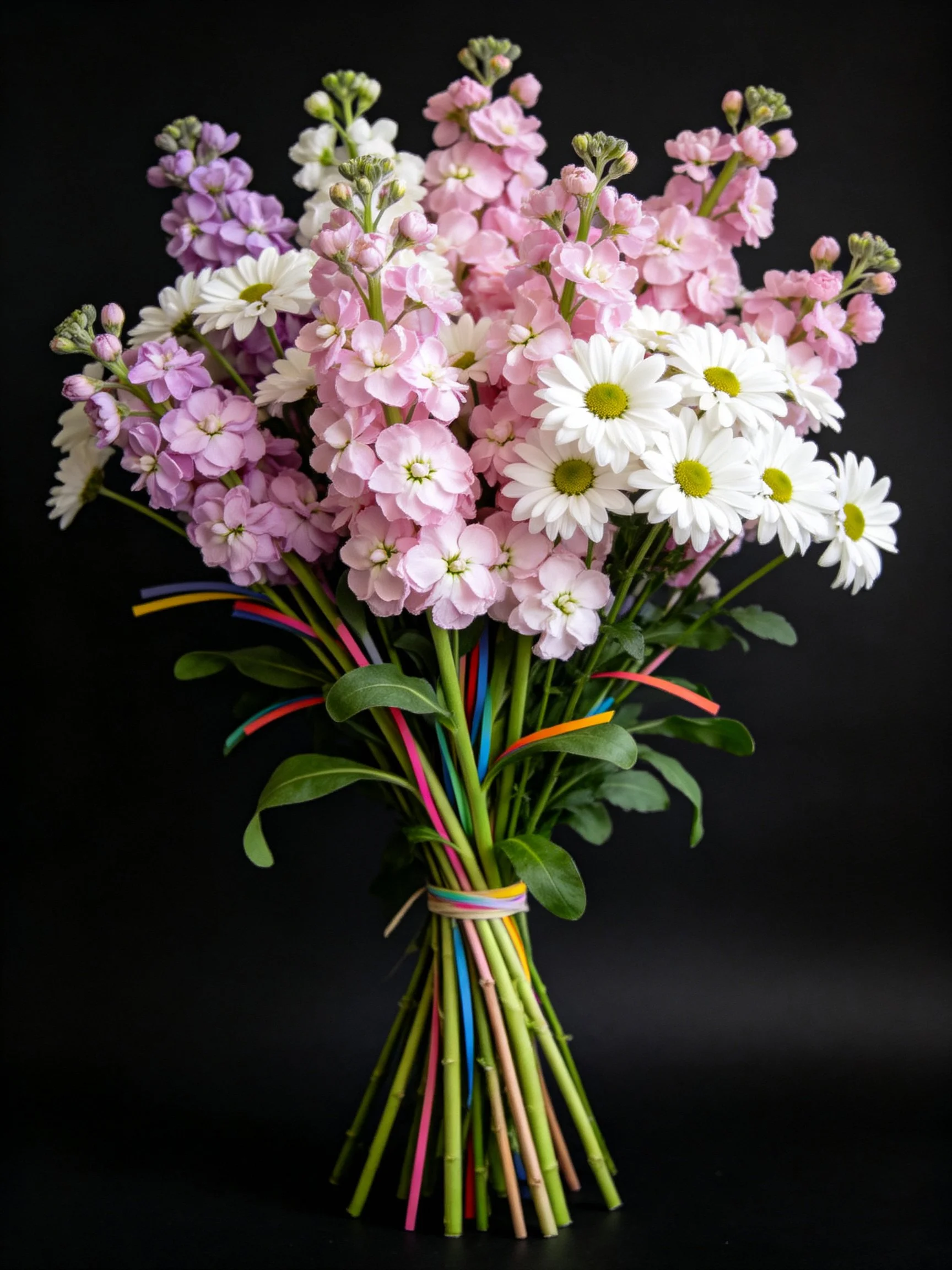 A vibrant bouquet with pink, white, purple flowers and colorful ribbons