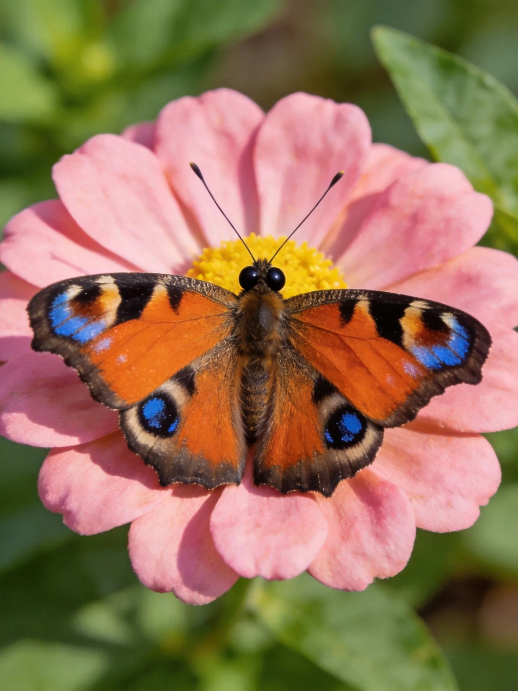 A vibrant butterfly perched on a pink flower with yellow center