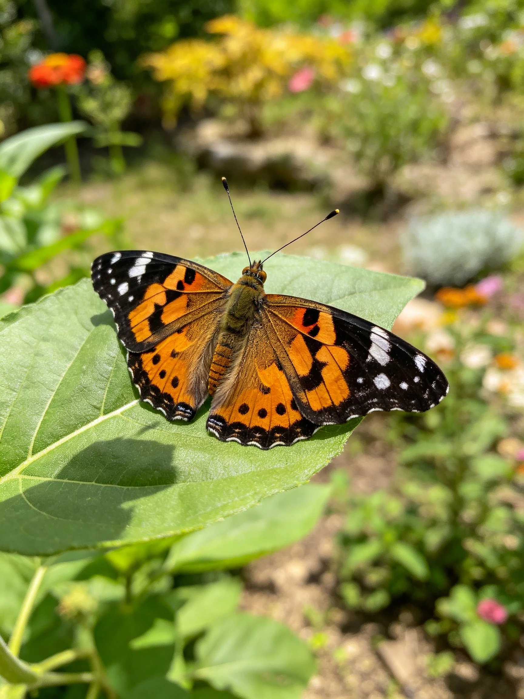 A vibrant butterfly perches on a broad green leaf in a sunlit garden