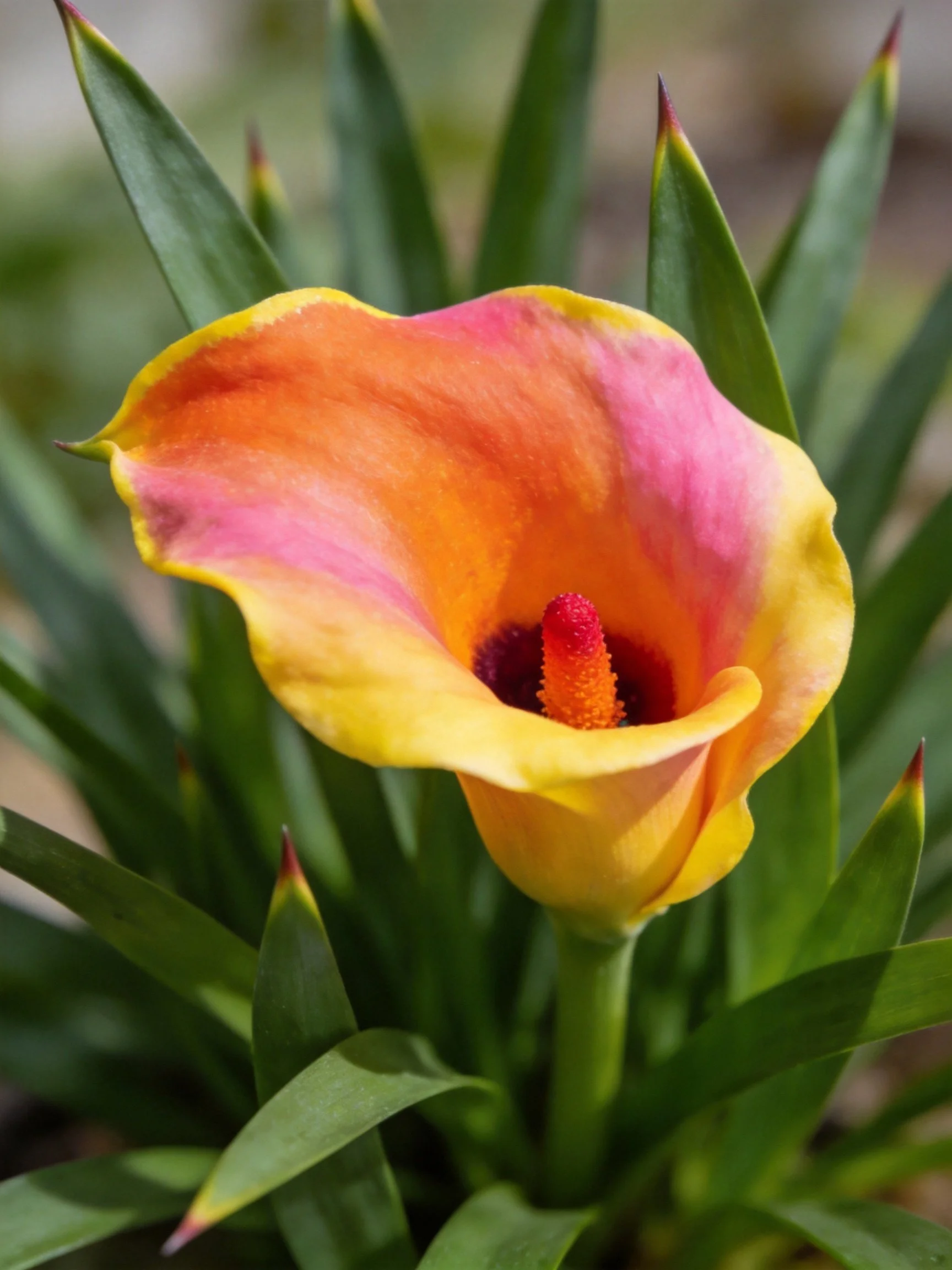 A vibrant calla lily with orange, pink, and yellow petals