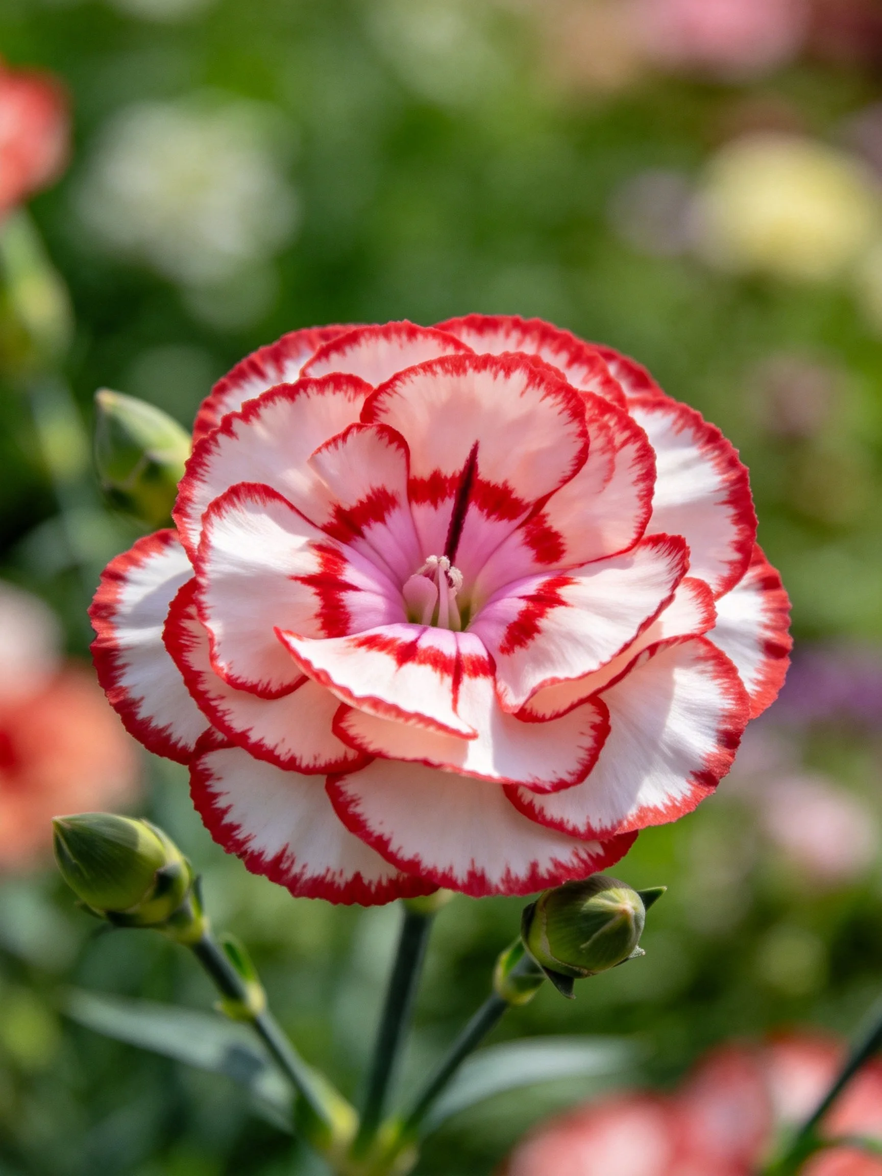 A vibrant carnation with red-edged white petals