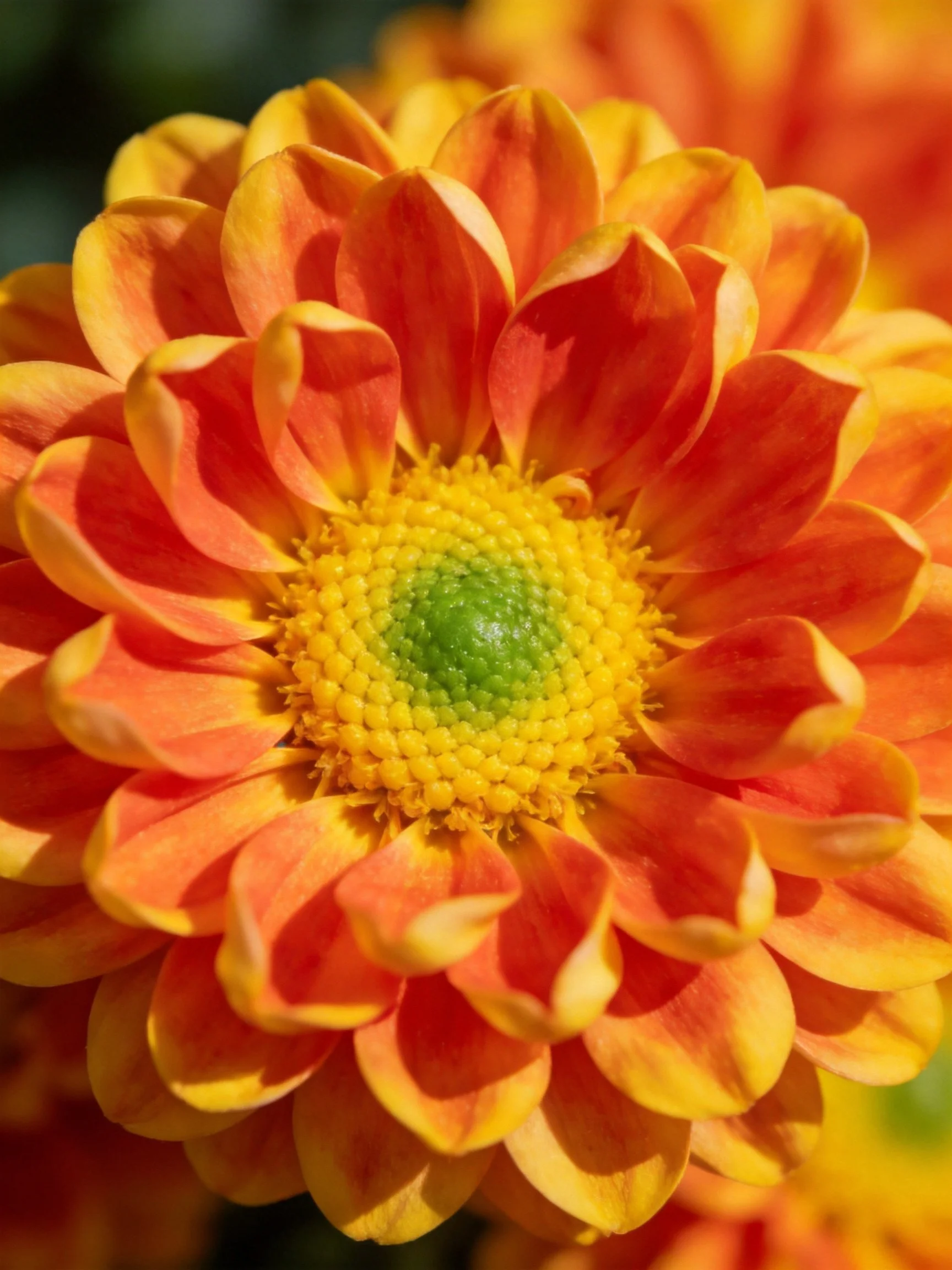 A vibrant chrysanthemum with orange-yellow petals and a green center