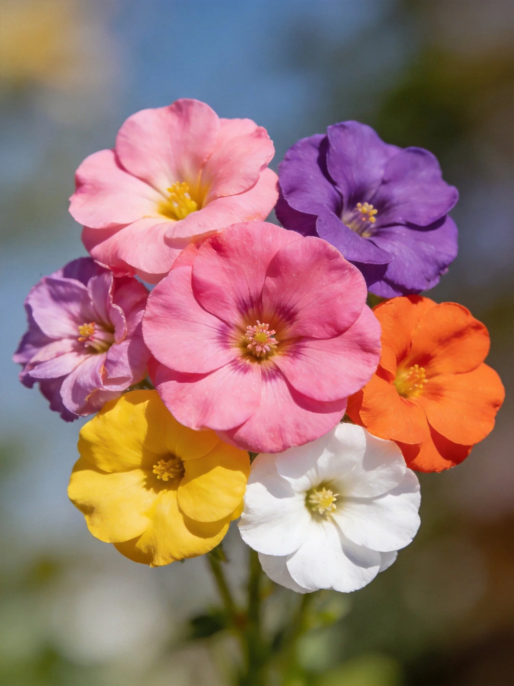 A vibrant cluster of seven multicolored blooms against a blurred natural backdrop