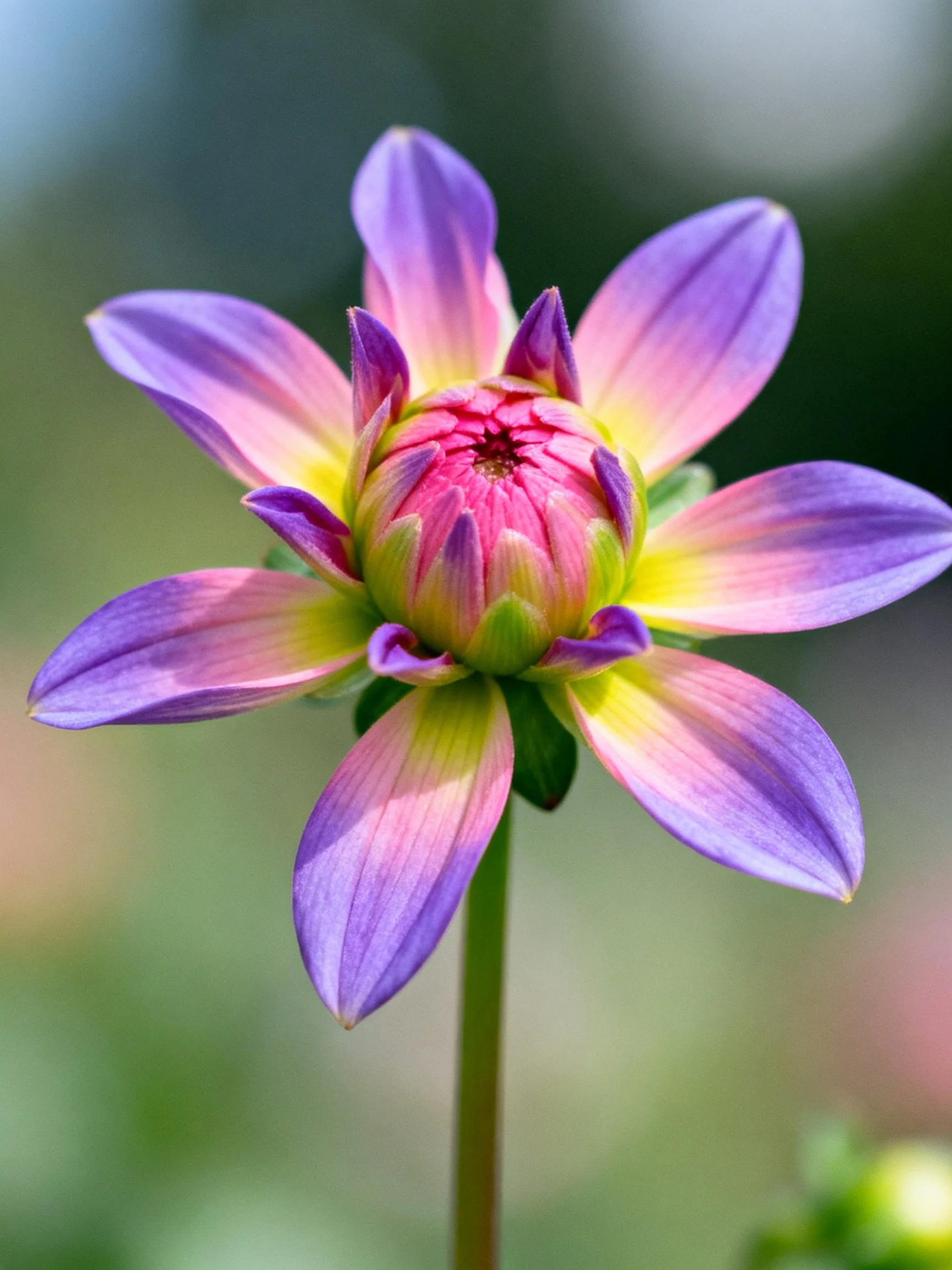 A vibrant dahlia flower with purple, pink, and yellow petals