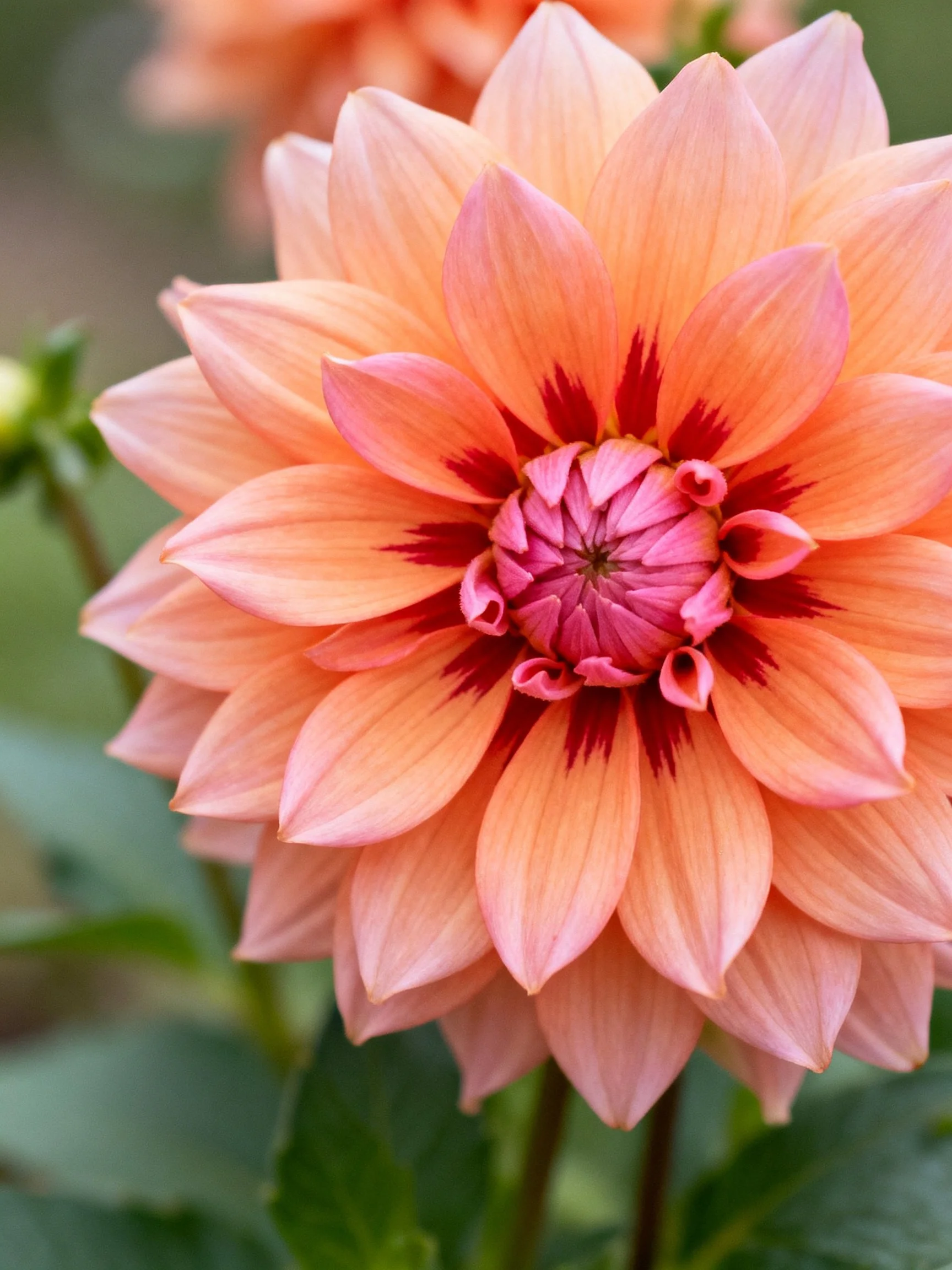A vibrant dahlia with layered peach-orange petals and deep red accents