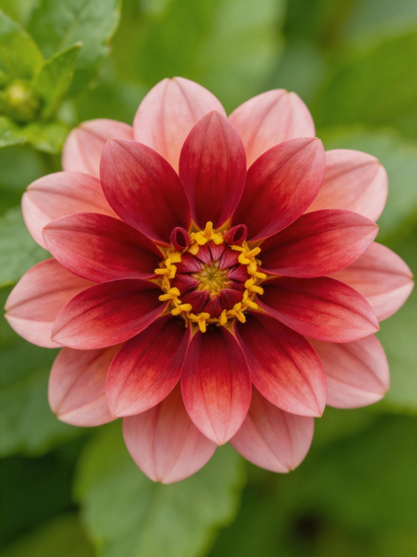 A vibrant dahlia with layered pink and burgundy petals