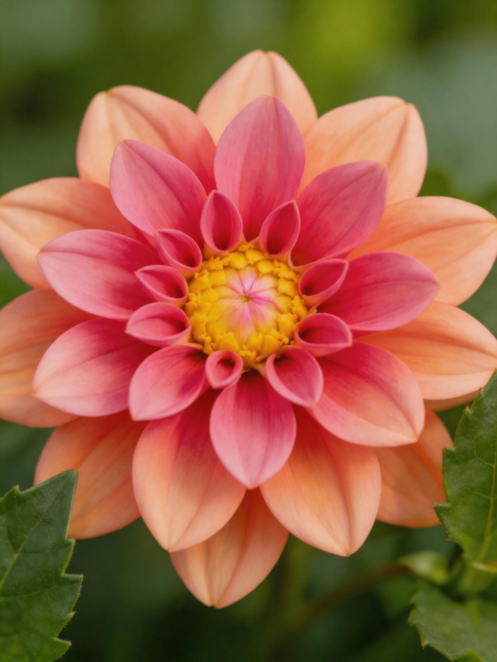 A vibrant dahlia with layered pink and peach petals, bright yellow center
