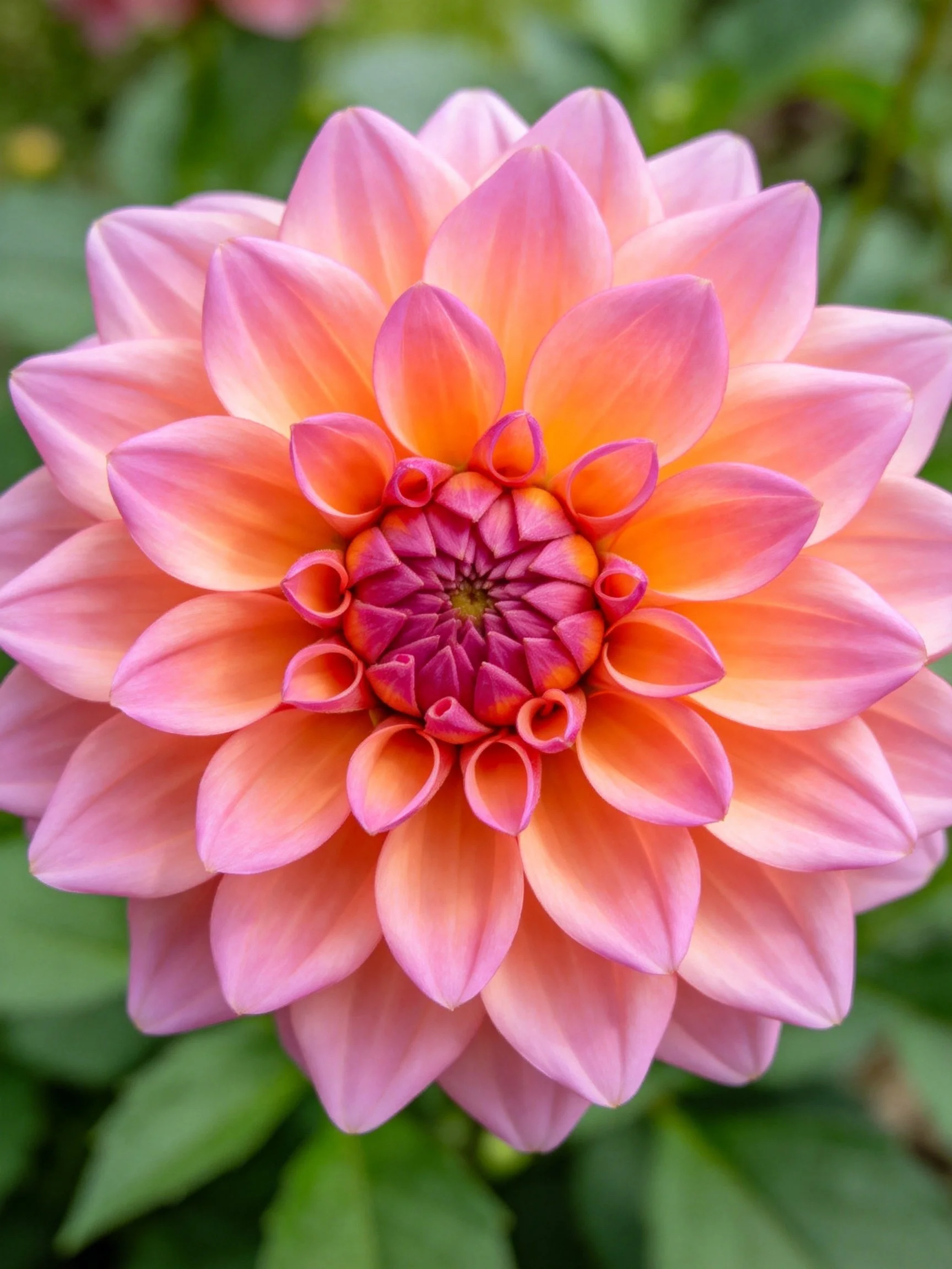 A vibrant dahlia with layered pink-orange petals and a deep purple center